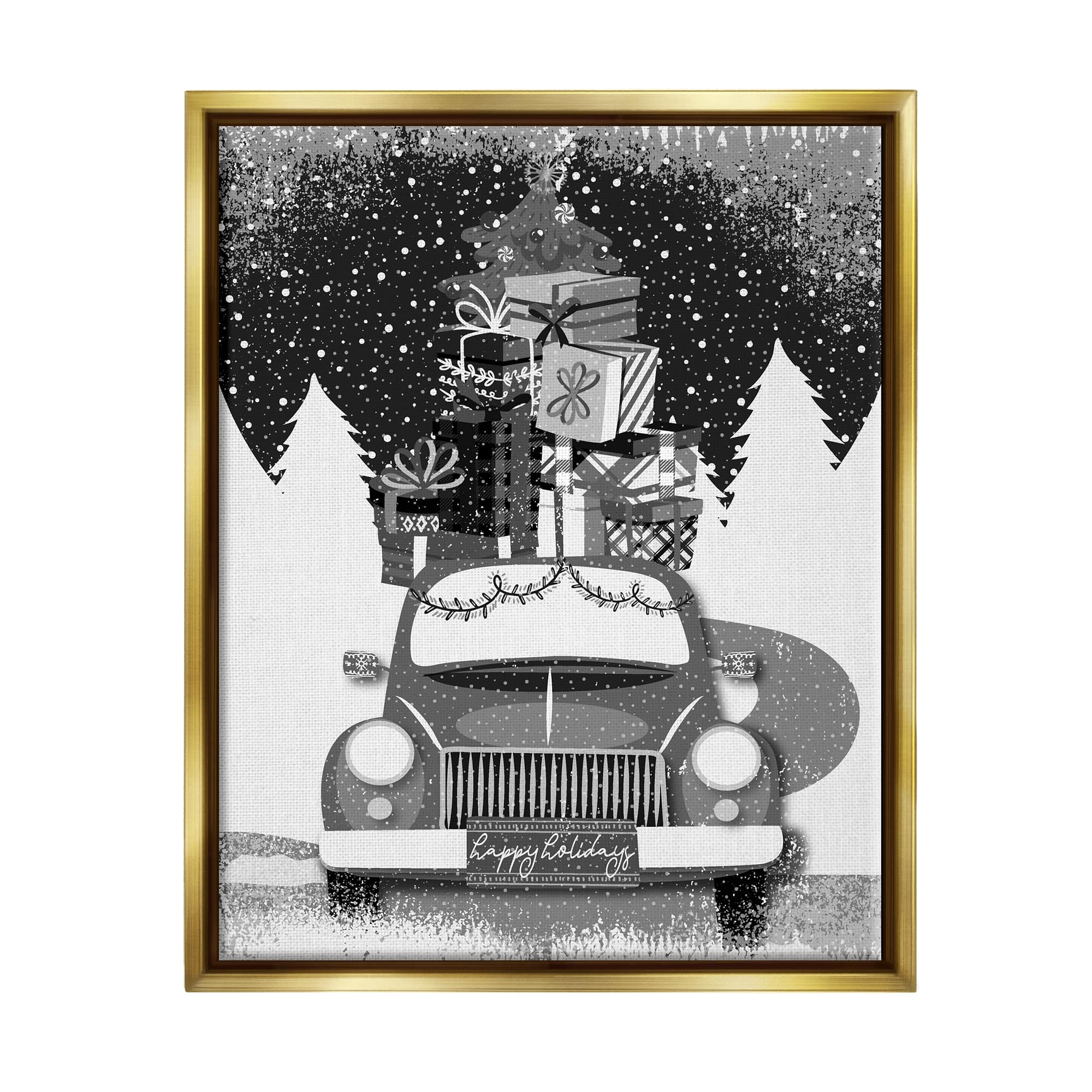 Stupell Industries Happy Holidays Gifts Car Framed Floater Canvas Wall Art