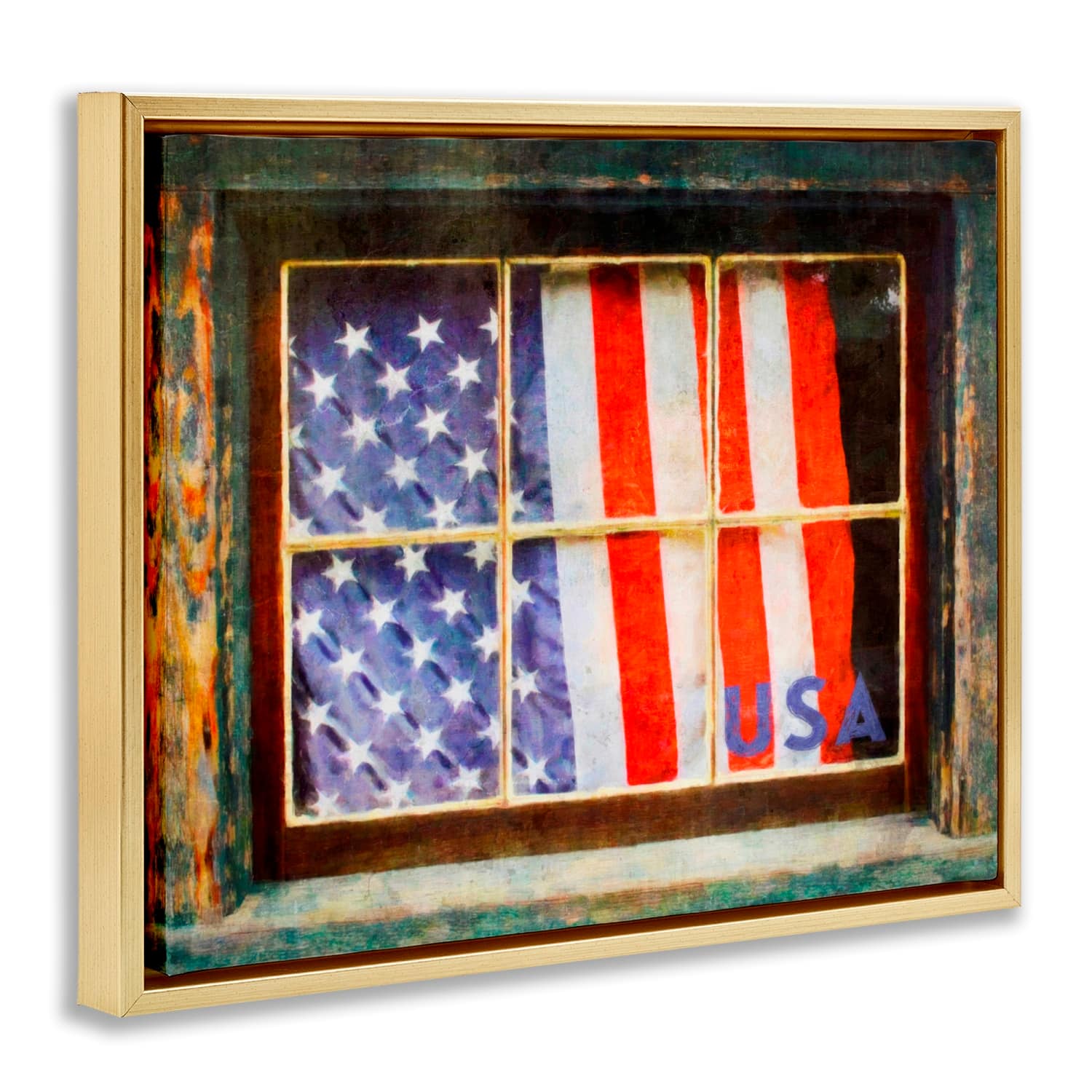 Stupell Industries Patriotic American Flag Rustic Window Festive Home Floater Framed Art