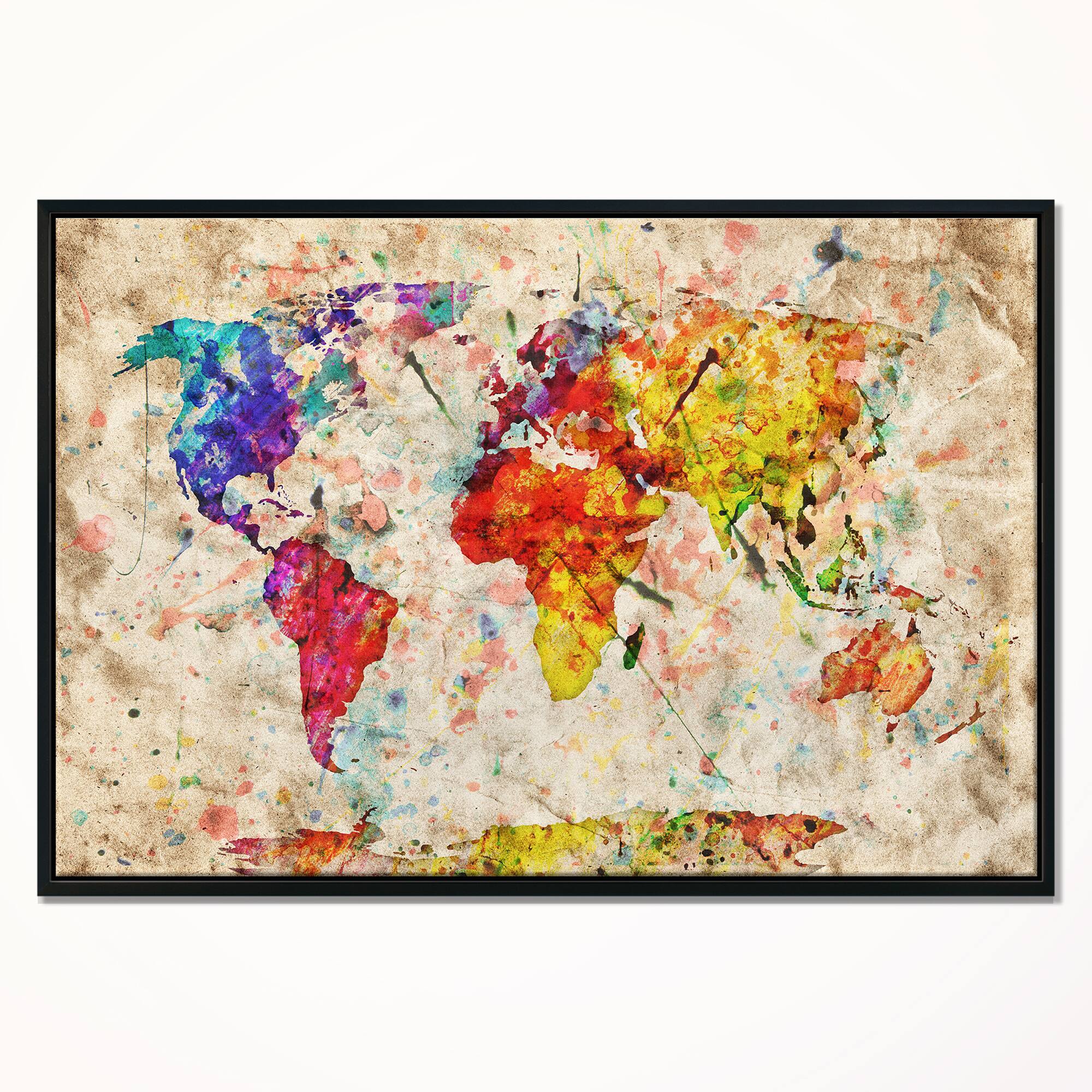 Designart - Vintage World Map Watercolor - Map Framed Canvas Art Print