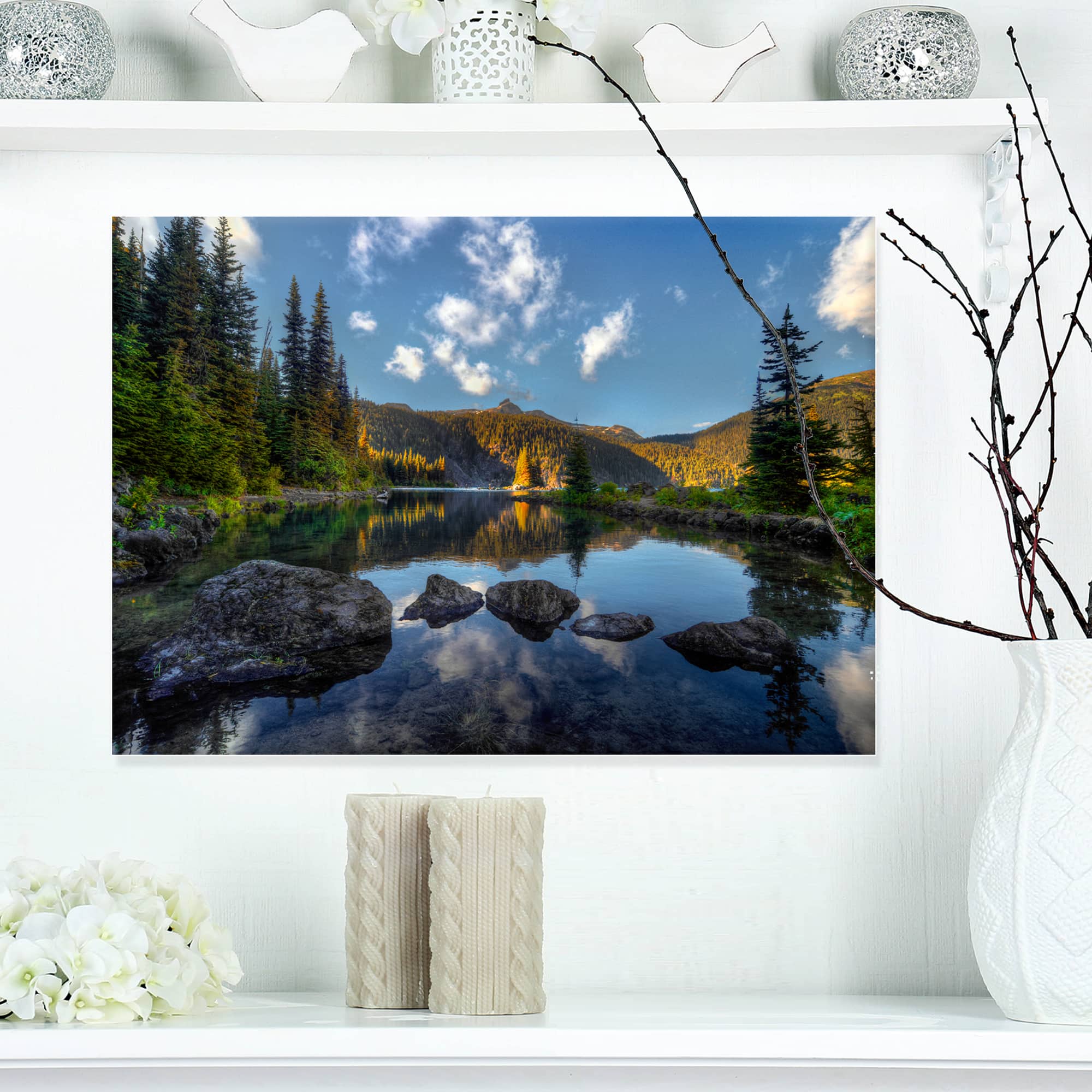 Designart - Mountain Lake Surrounded by Trees - Landscape Canvas Art Print