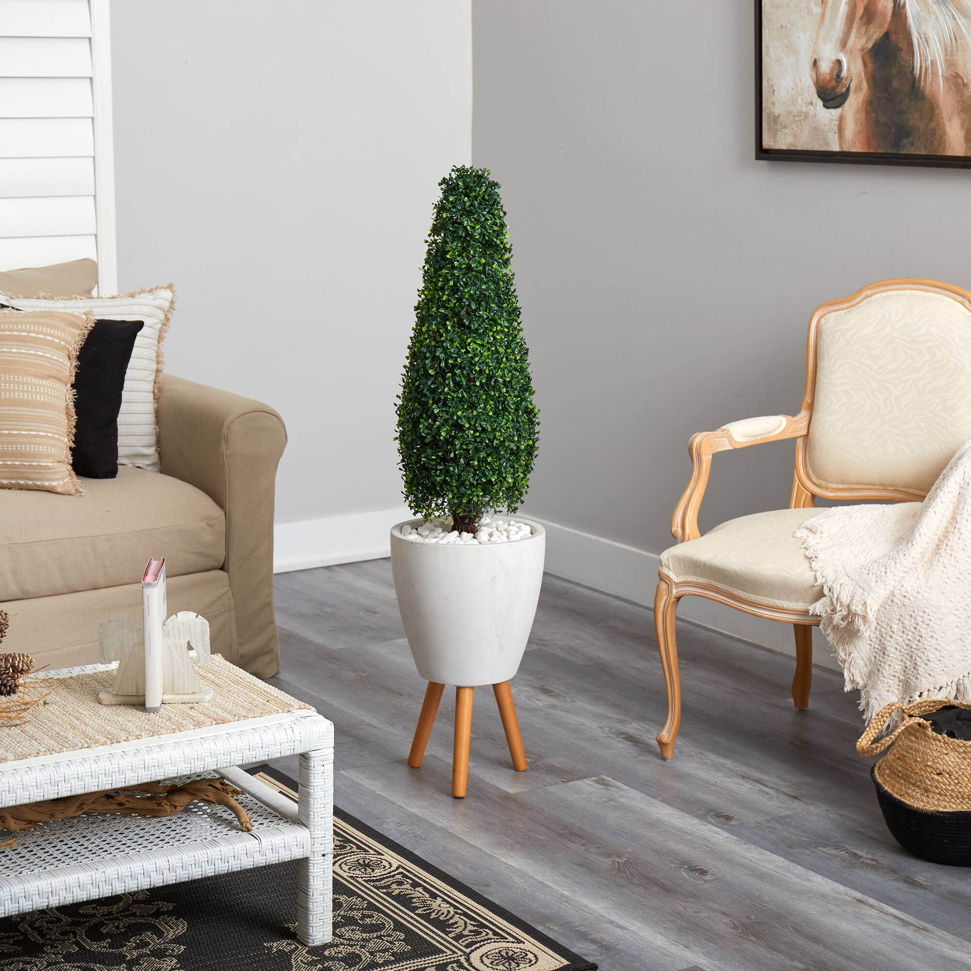 4ft. Boxwood Tower Topiary Tree in White Planter with Stand