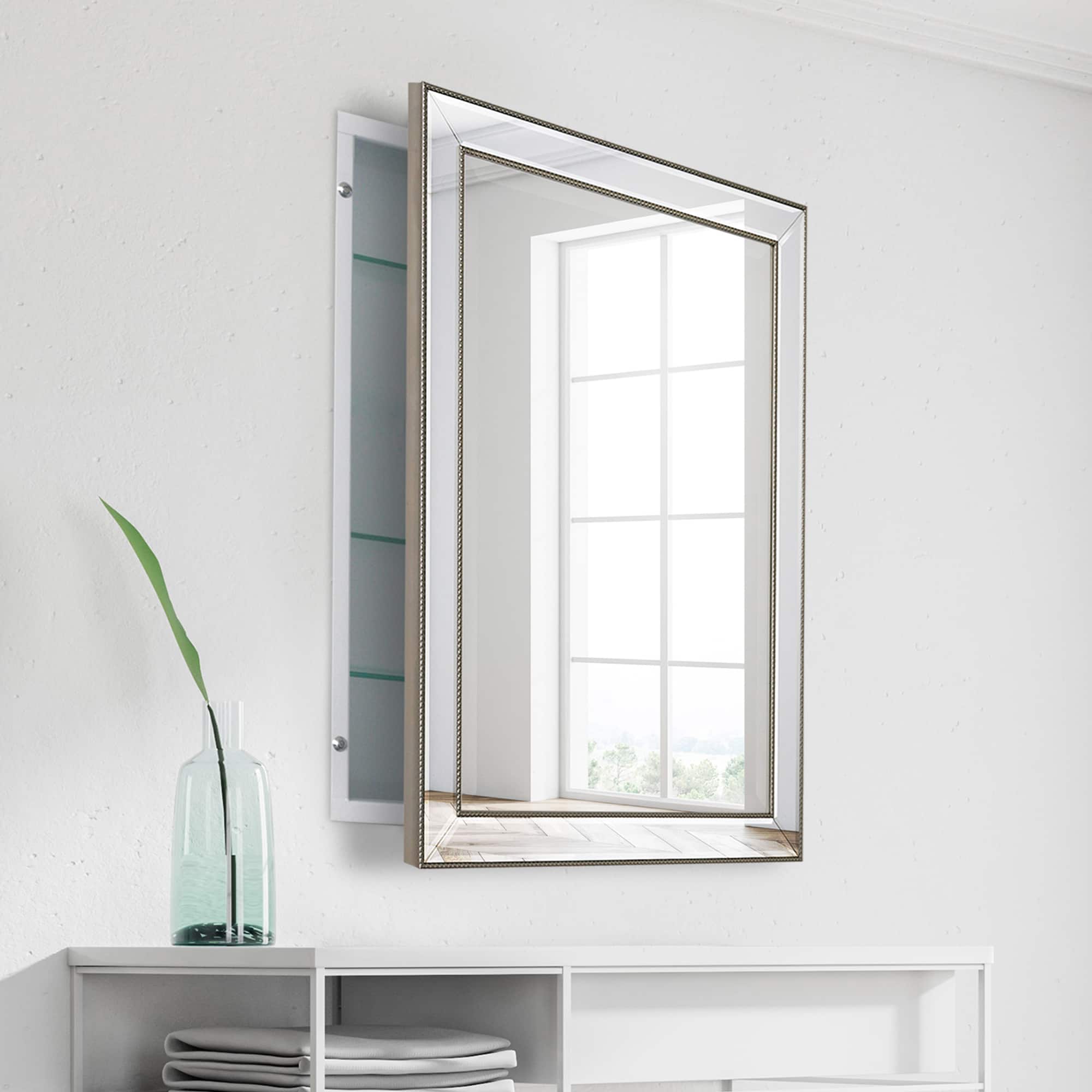 Head West Beaded Champagne Silver Framed Wall Vanity Mirror &#x26; Medicine Cabinet