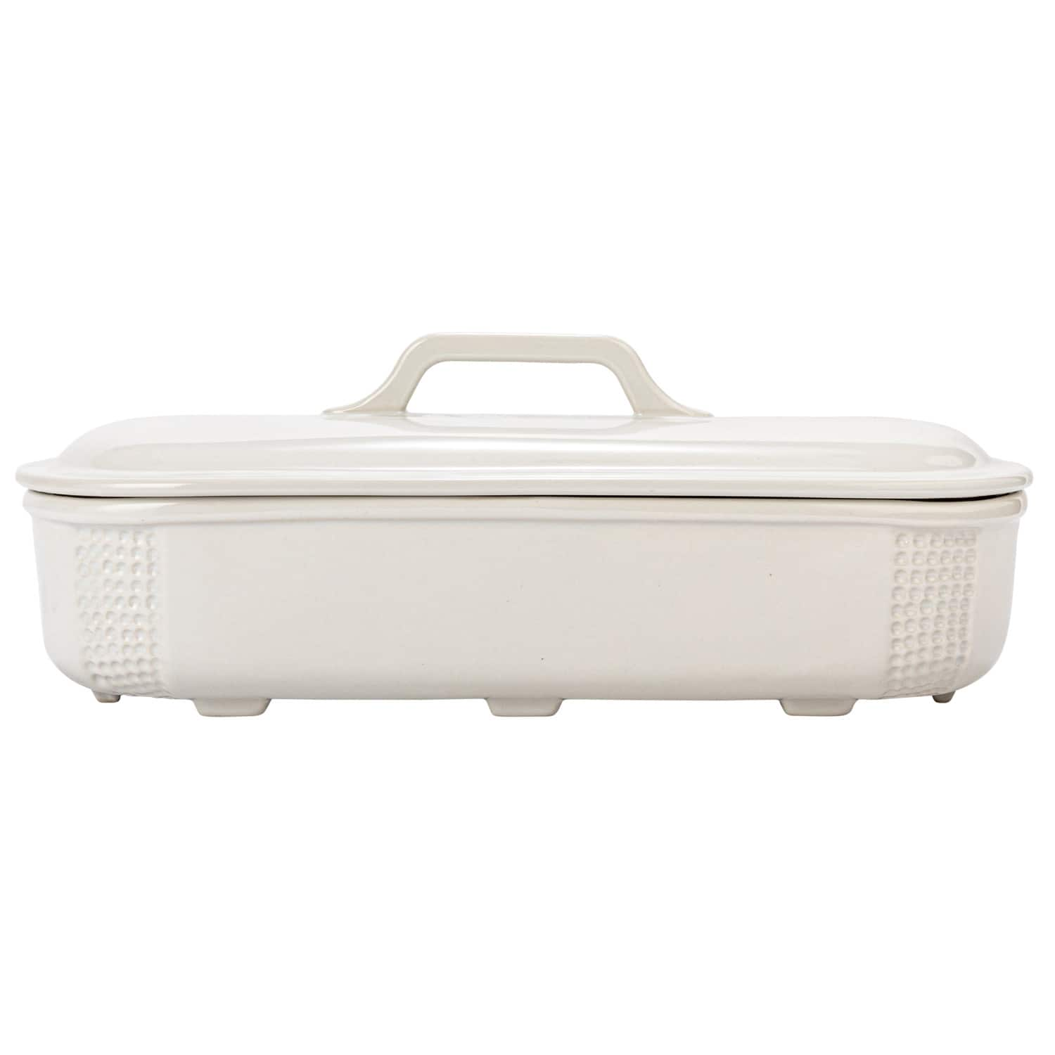 15.5&#x22; Matte White Oval 2qt. Debossed Stoneware Baking Dish with Lid