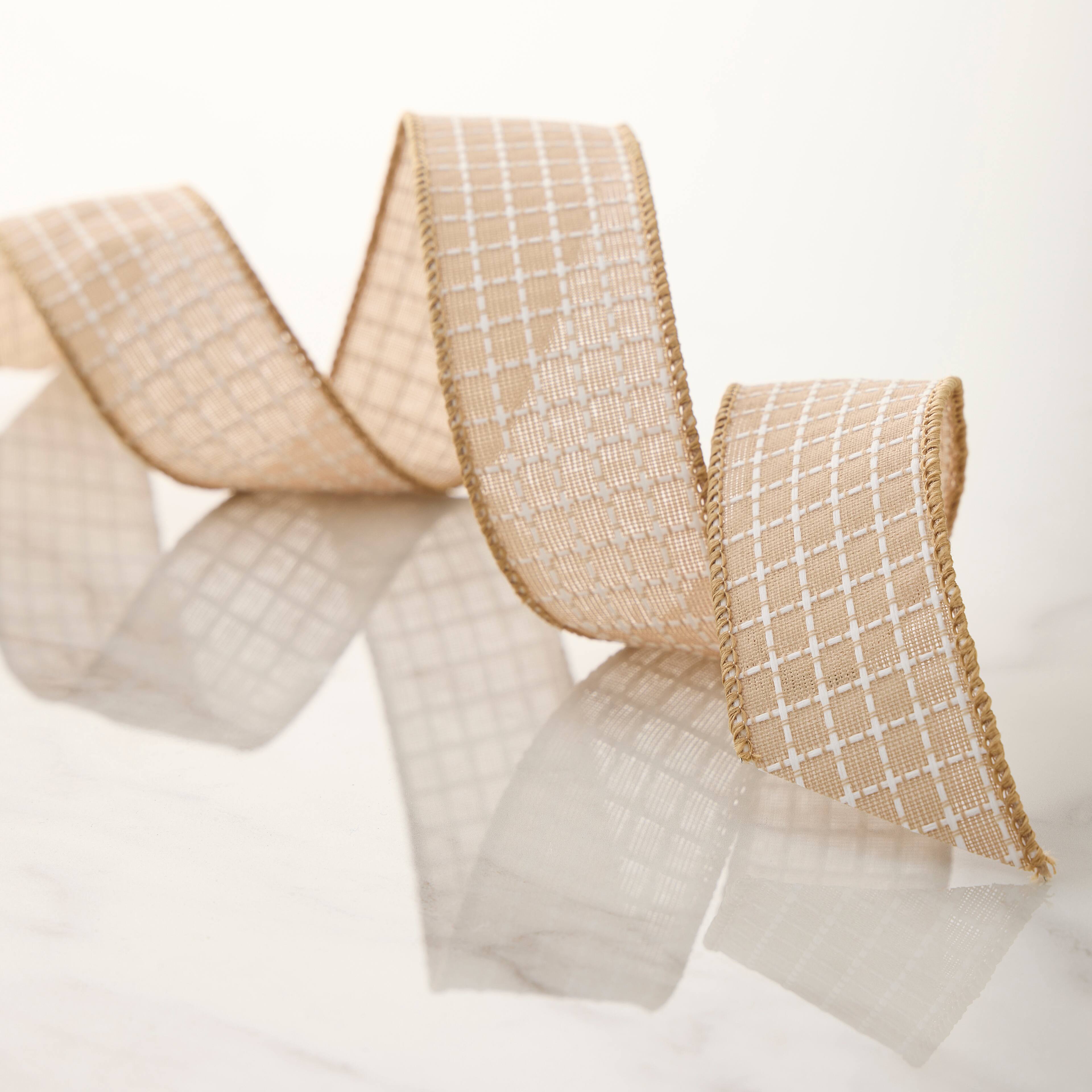 1.5&#x22; x 3yd. Faux Linen Wired Grid Ribbon by Celebrate It&#x2122; Classic