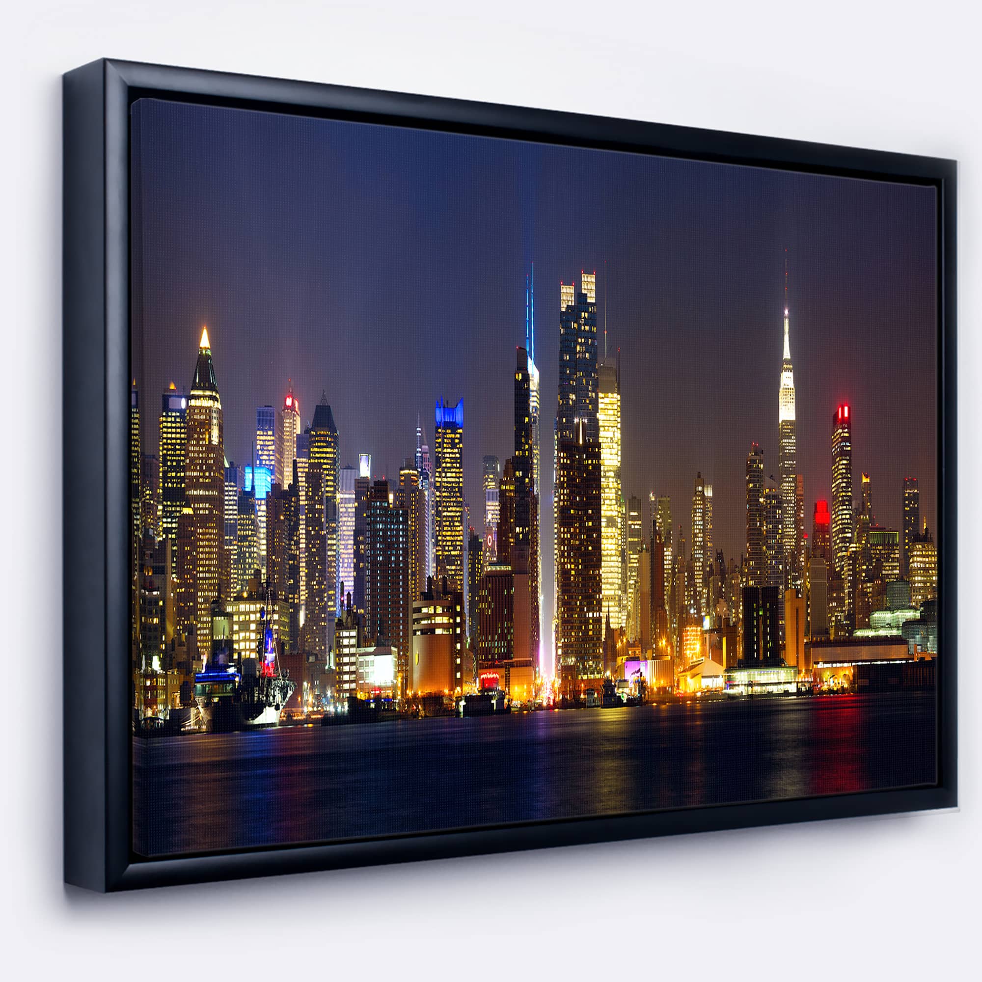 Designart - New York Skyline at Night - Cityscape Photo Framed Canvas Print