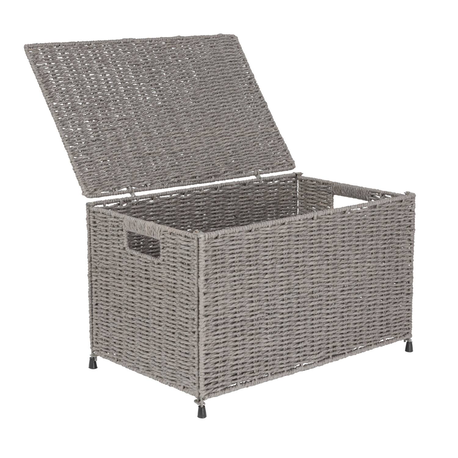 Gray Woven Paper Rope Storage Chest with Hinged Lid & Integrated Handles