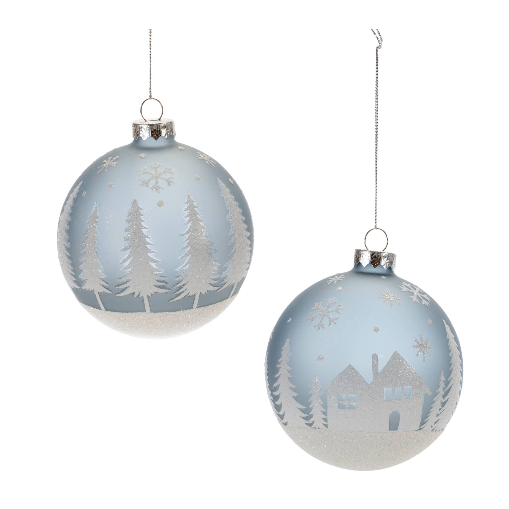 4&#x22; Frosted Forest &#x26; Village Glass Ball Ornament Set