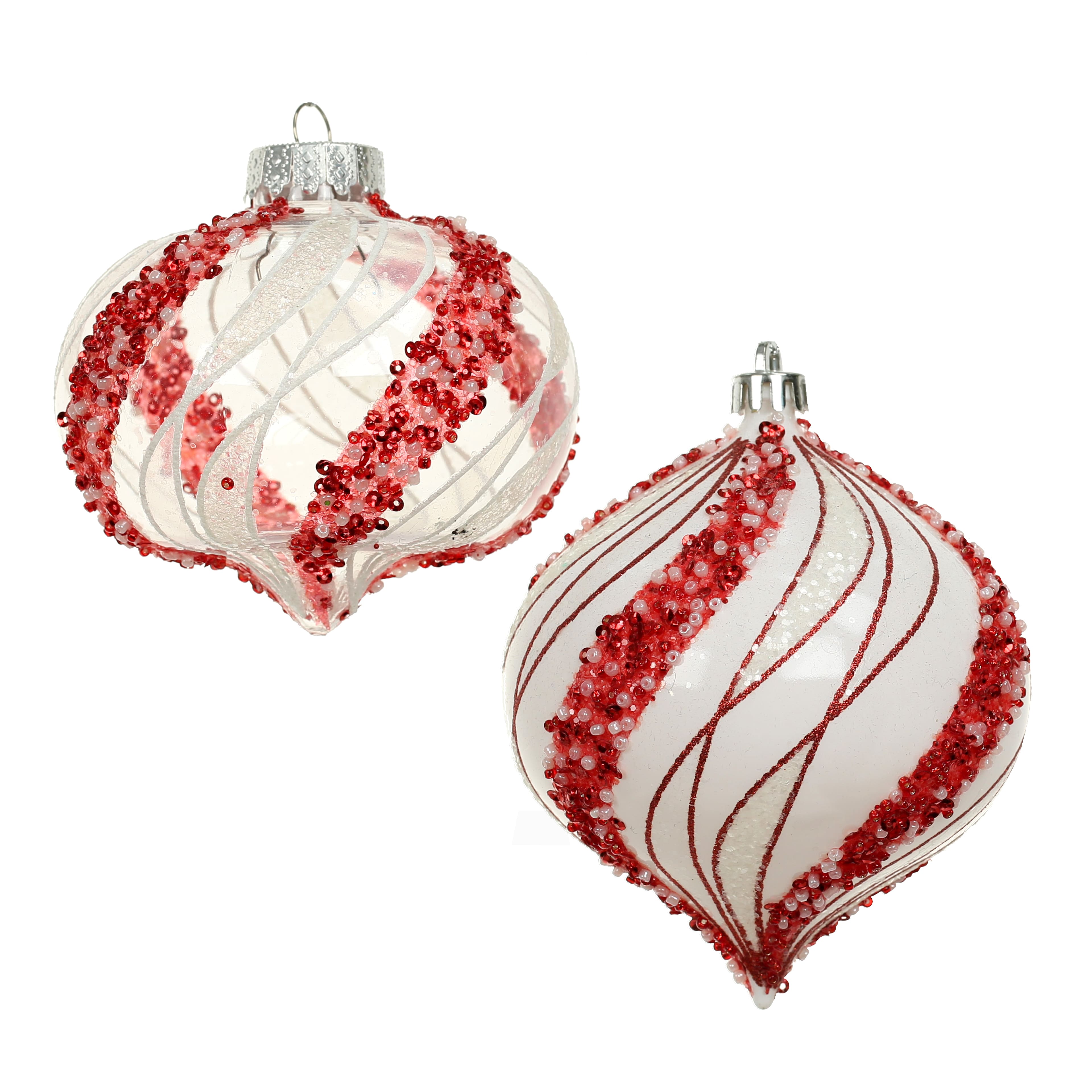 4 Pack 4.7" Red & White Beaded Wavy Stripes Shatterproof Onion Ornaments by Ashland®