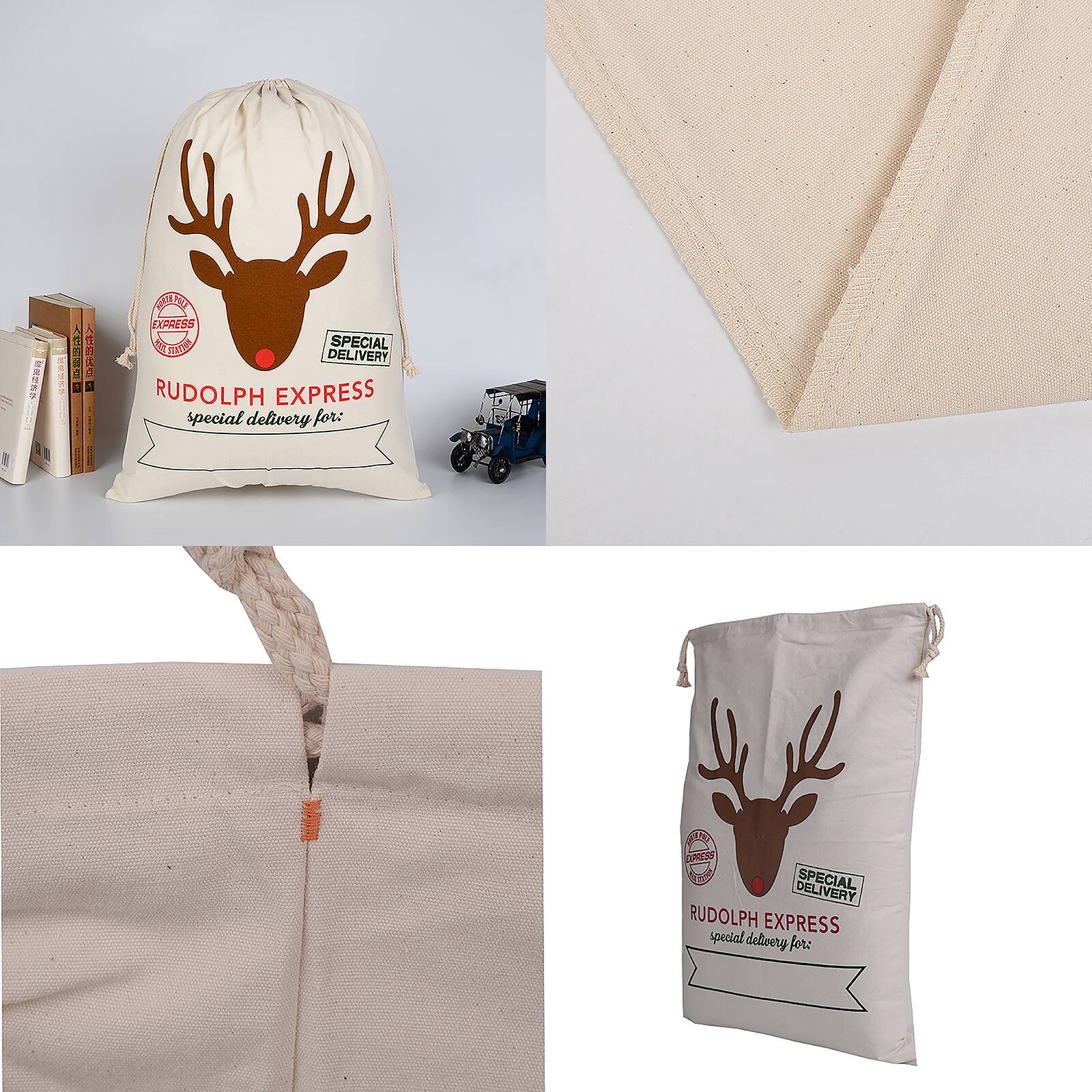 19&#x22; x 26&#x22; Rudolf Express Cotton Christmas Drawstring Bag