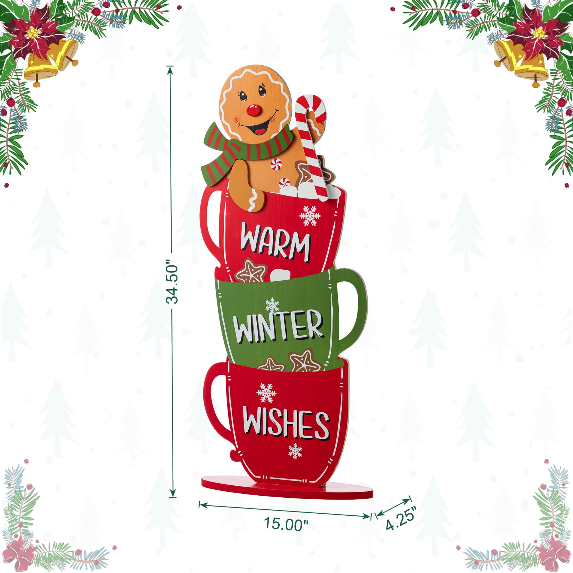 Glitzhome&#xAE; 34.5&#x22; Wooden Christmas Gingerbread Man on Coffee Cup Porch Decor