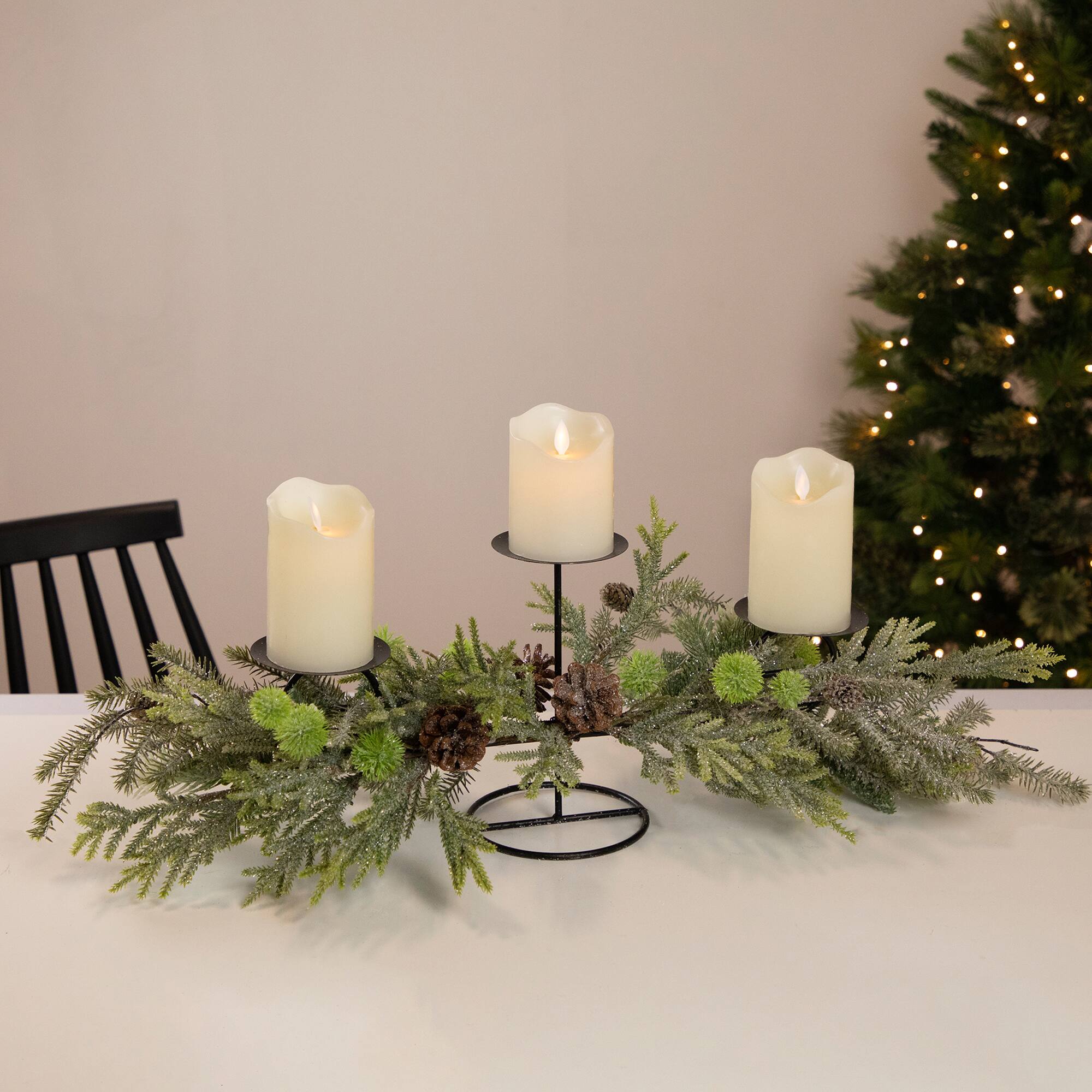 26&#x22; Holiday Foliage &#x26; Tiered Metal Candle Holder