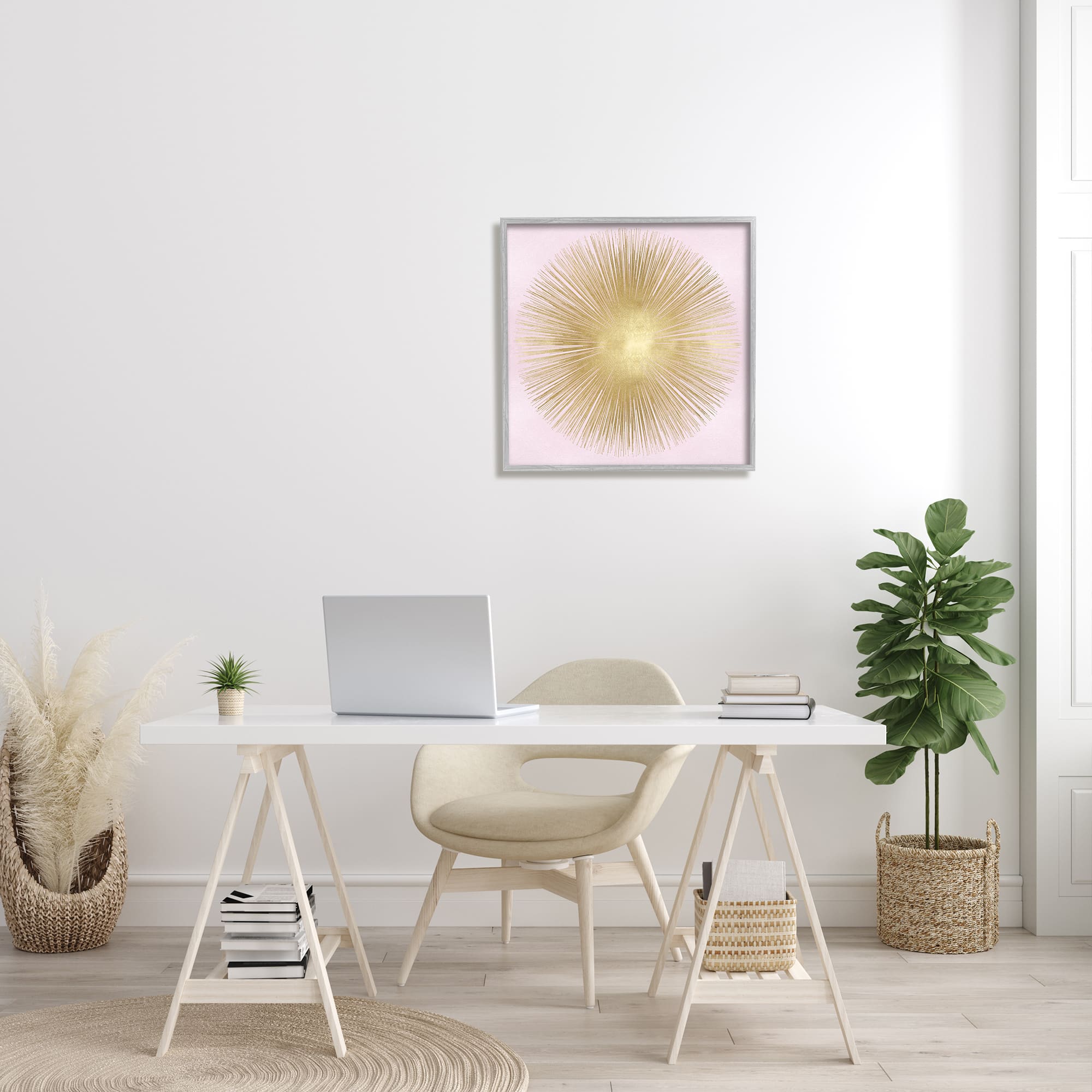 Stupell Industries Minimal Abstract Glam Sunburst Lines Over Pink in Gray Frame Wall Art
