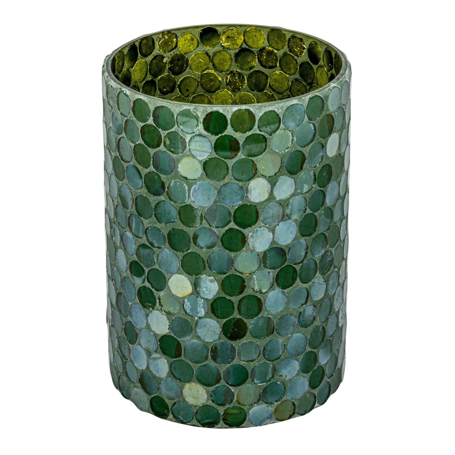 7&#x22; Decorative Green Reclaimed Glass Mosaic Votive Holder