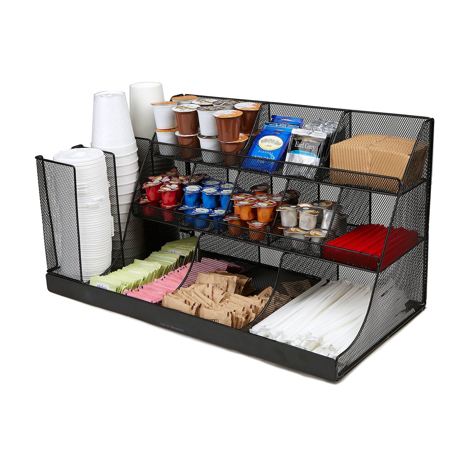 Mind Reader Black 14-Compartment 3-Tier Metal Mesh Large Breakroom Condiment Organizer