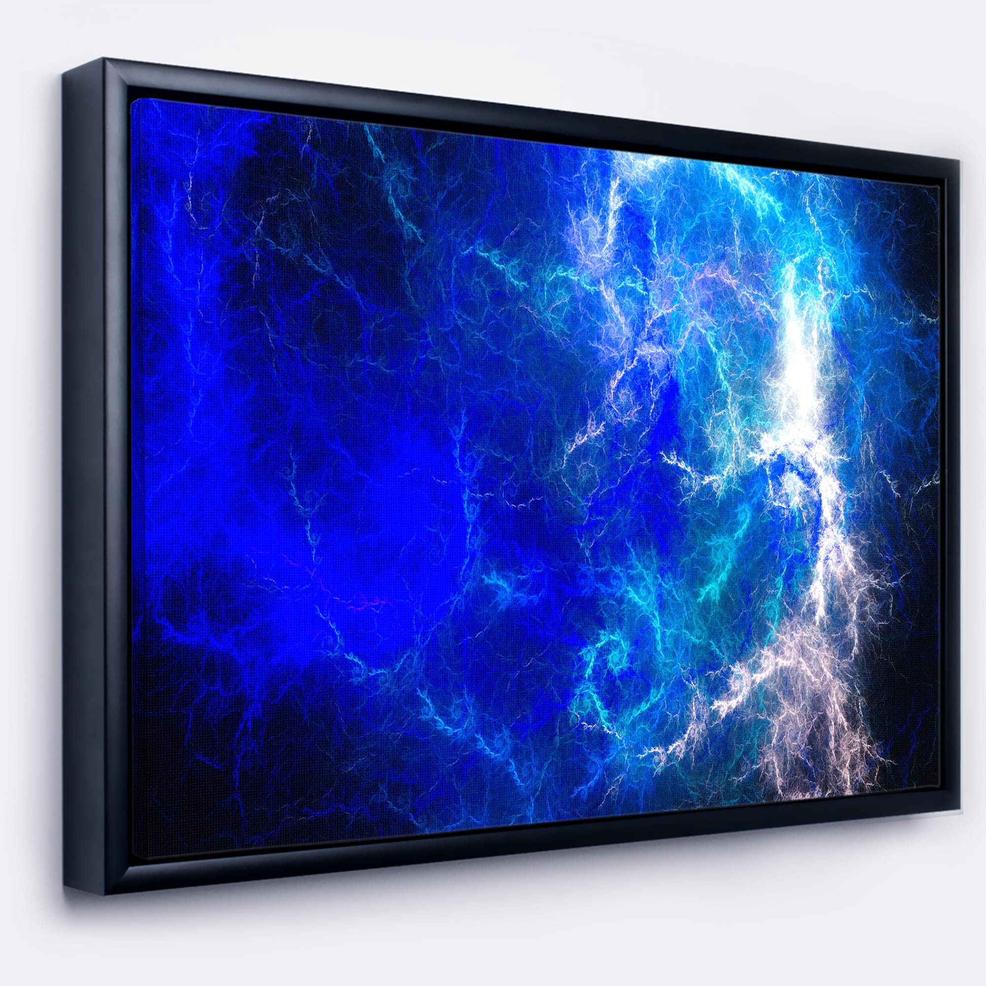 Designart - Blue Sparkling Lightning - Abstract Canvas art print in Black Frame