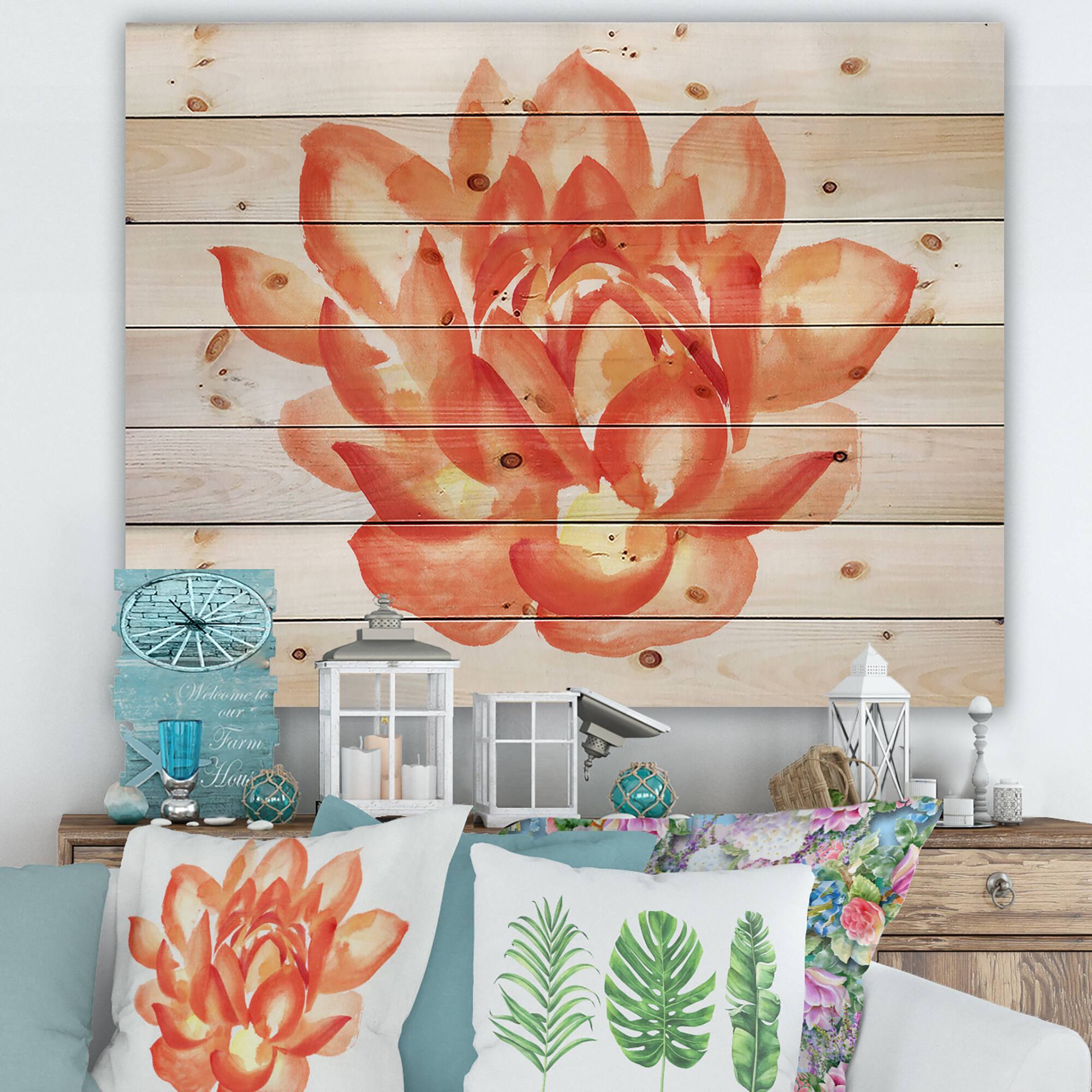 Designart - Vintage Detail of A Orange Lotus - Traditional Print on Natural Pine Wood