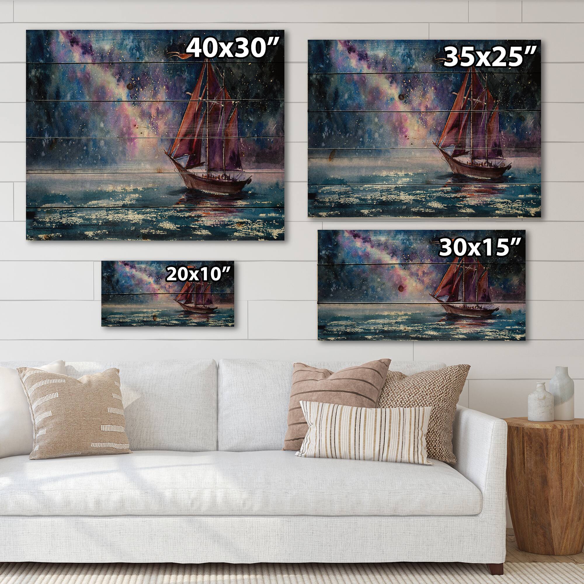 Designart - Wooden Sailboat With Red Sails & Bright Night Sky - Nautical & Coastal Print on Natural Pine Wood