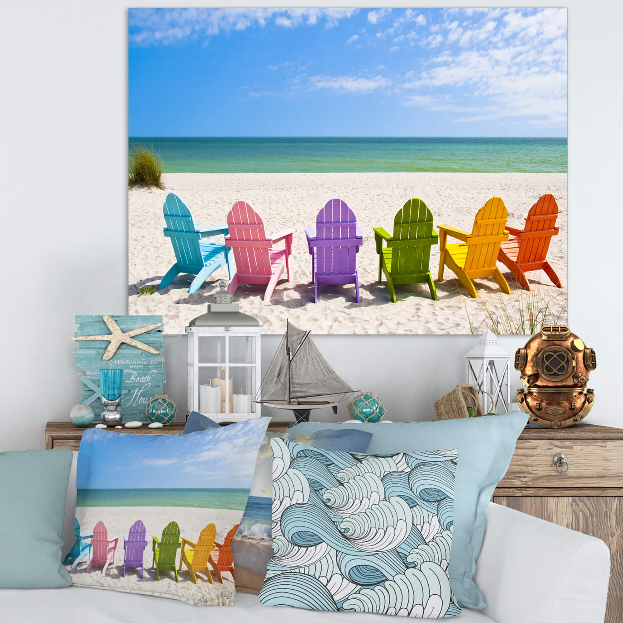 Designart - Adirondack Beach Chairs - Seashore Photo Canvas Art Print