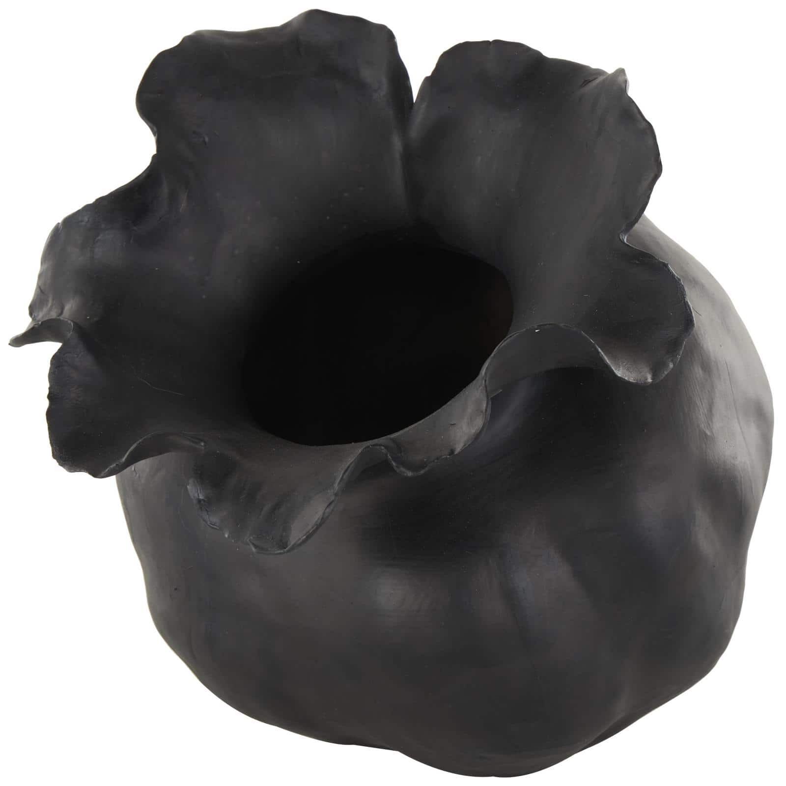 8.75&#x22; Black Ceramic Abstract Wide Rounded Floral Shaped Decorative Vase with Petal Rim