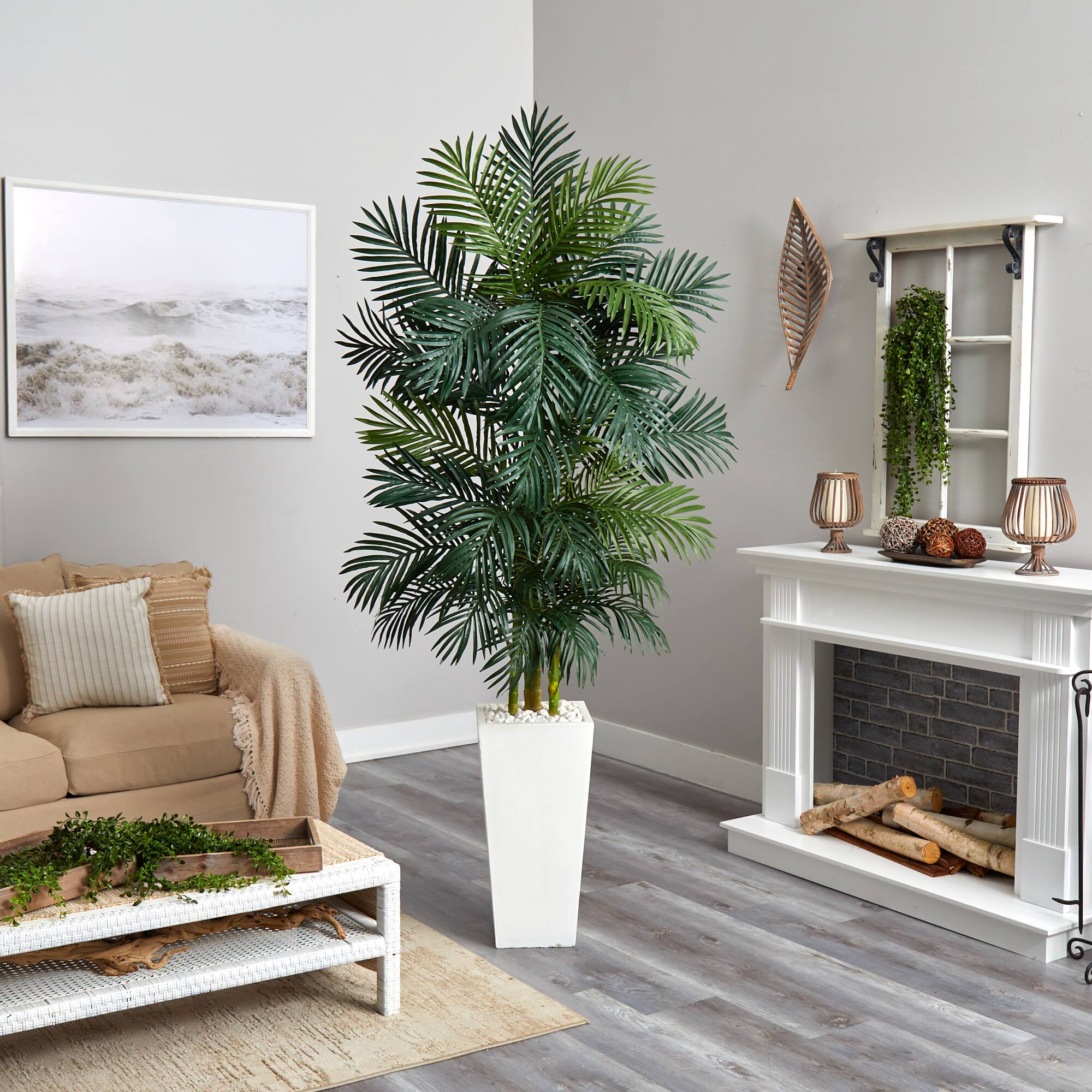 7.5ft. Golden Cane Palm Artificial Tree in White Tower Planter