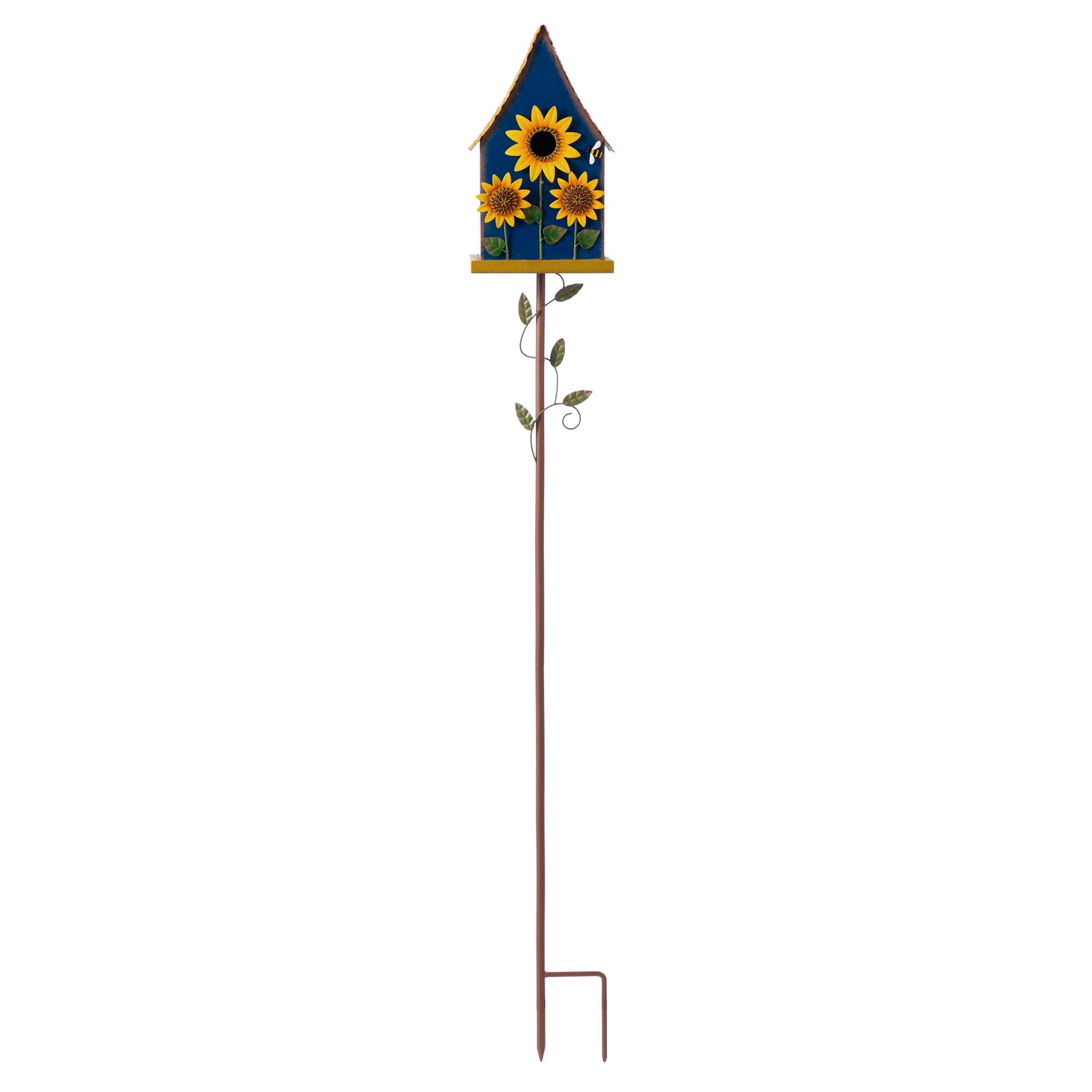 Glitzhome® 52.5" Blue Metal Sunflower Decorative Garden Birdhouse with Stake