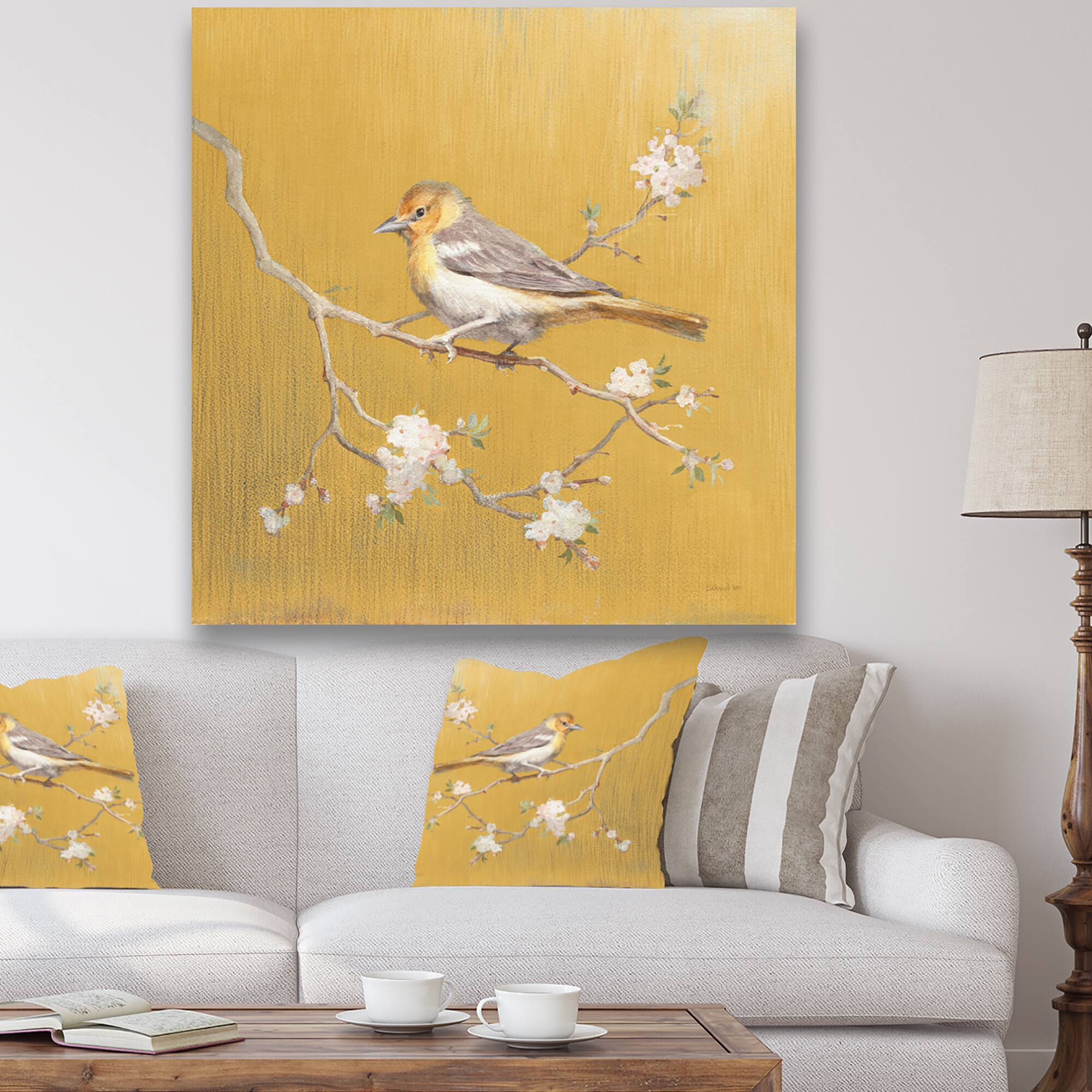 Designart - Gold Bird on Blossoms I - Farmhouse Gallery-wrapped Canvas