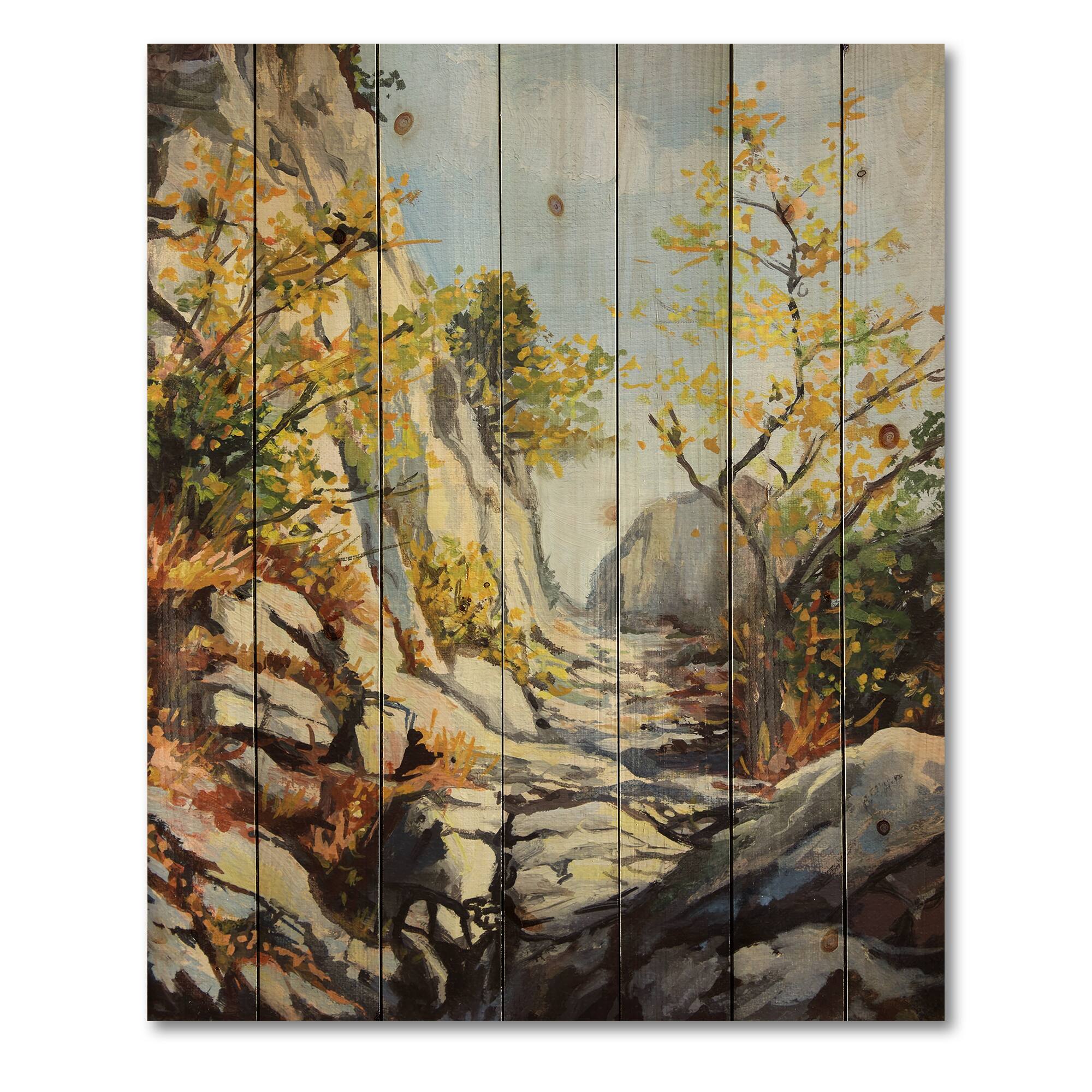 Designart - Marble Path In Autumn - Traditional Print on Natural Pine Wood