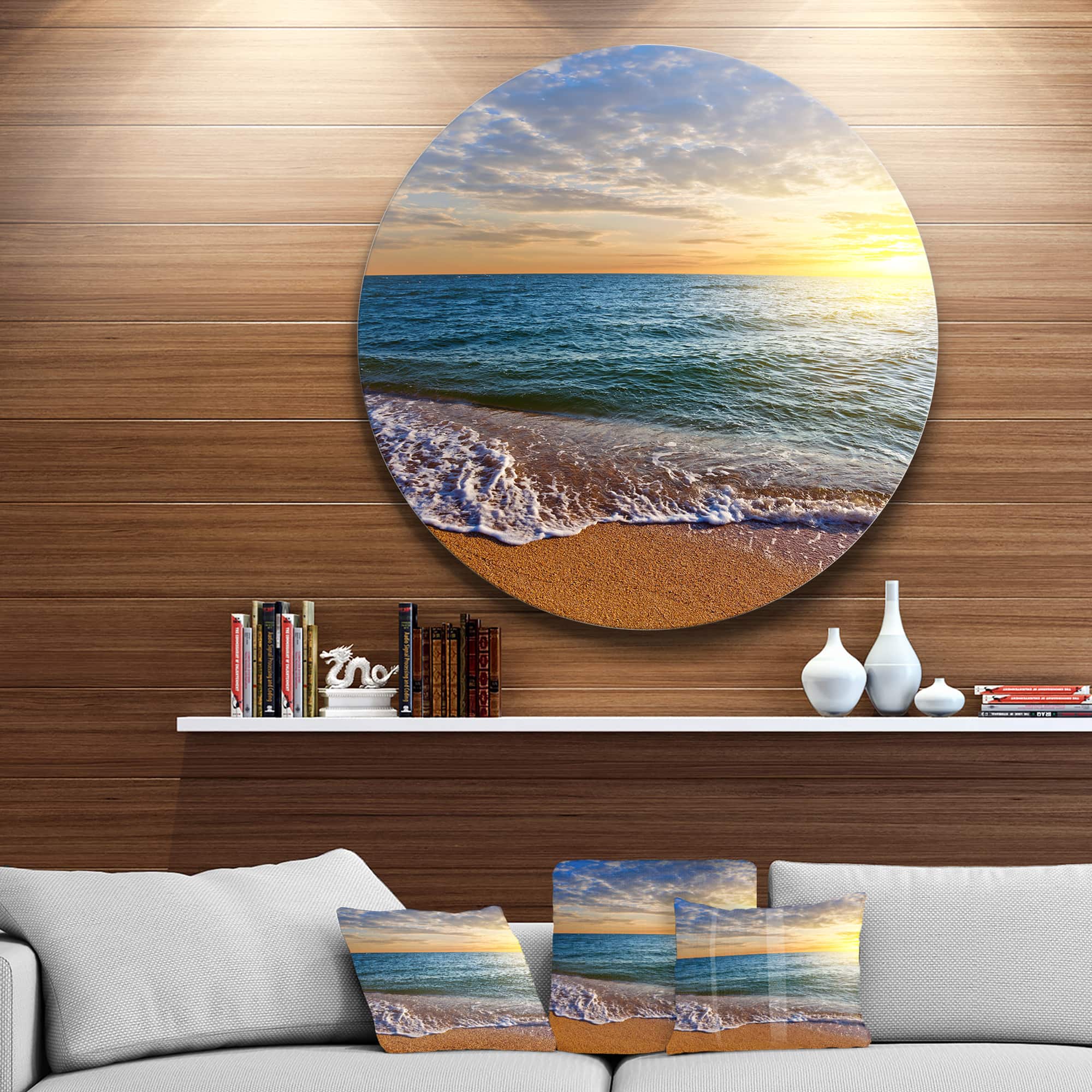 Designart - Layers of Colors on Sunrise Beach&#x27; Seascape Metal Circle Wall Art