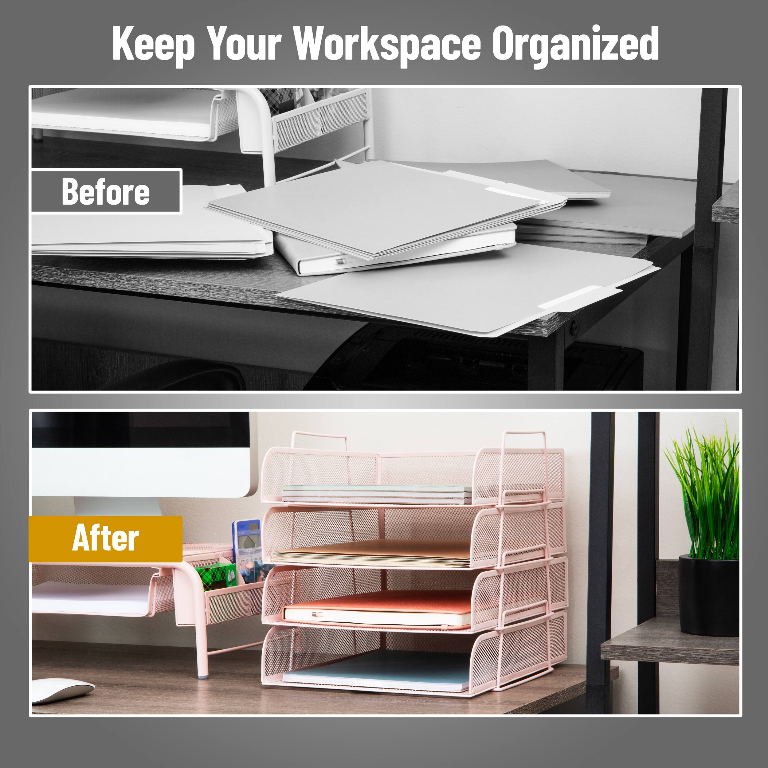 Mind Reader Stackable Paper Tray, Desktop Organizer, File Storage, Office, Metal Mesh, 4 Pcs., Pink