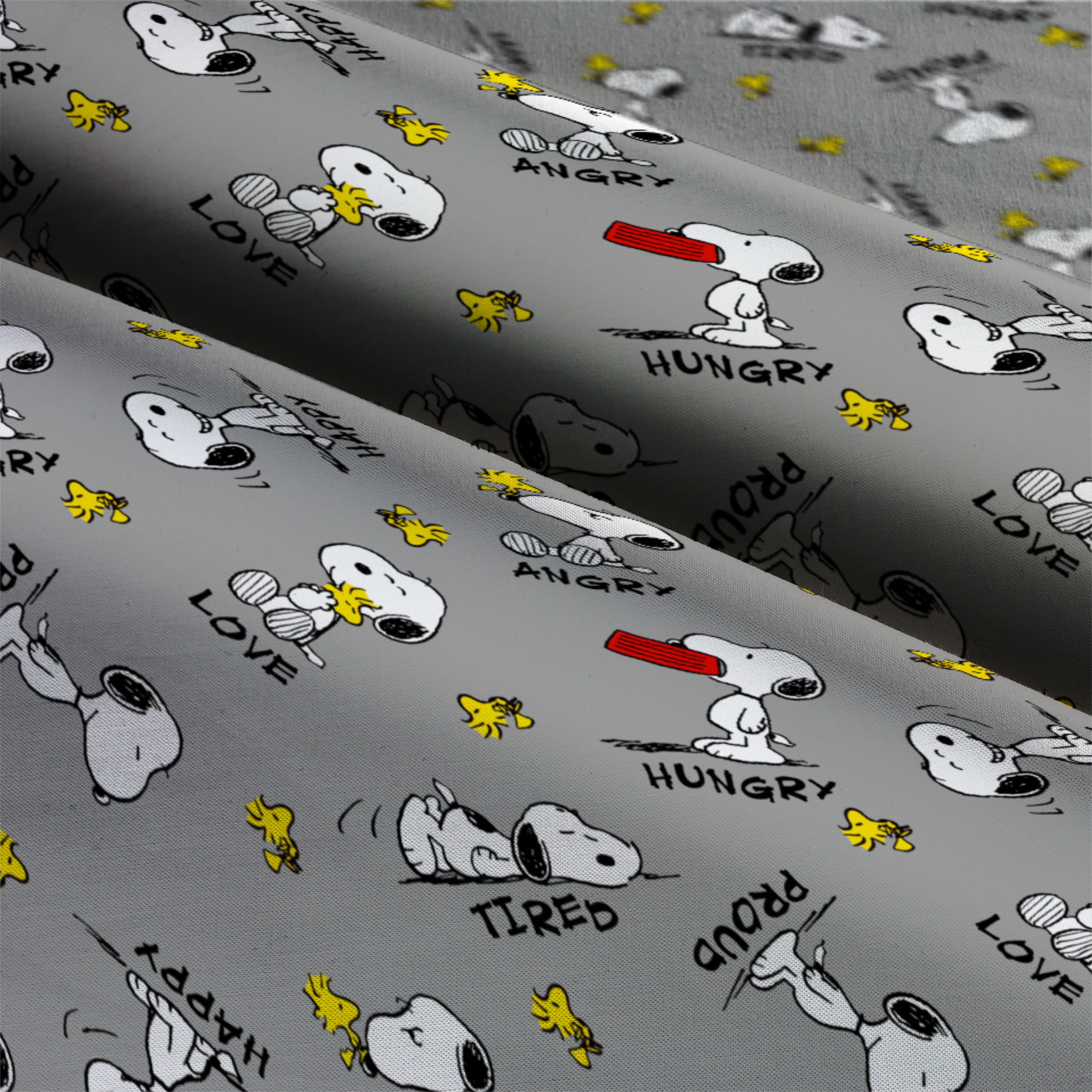 Peanuts® Snoopy & Woodstock Feelings on Gray Cotton Fabric