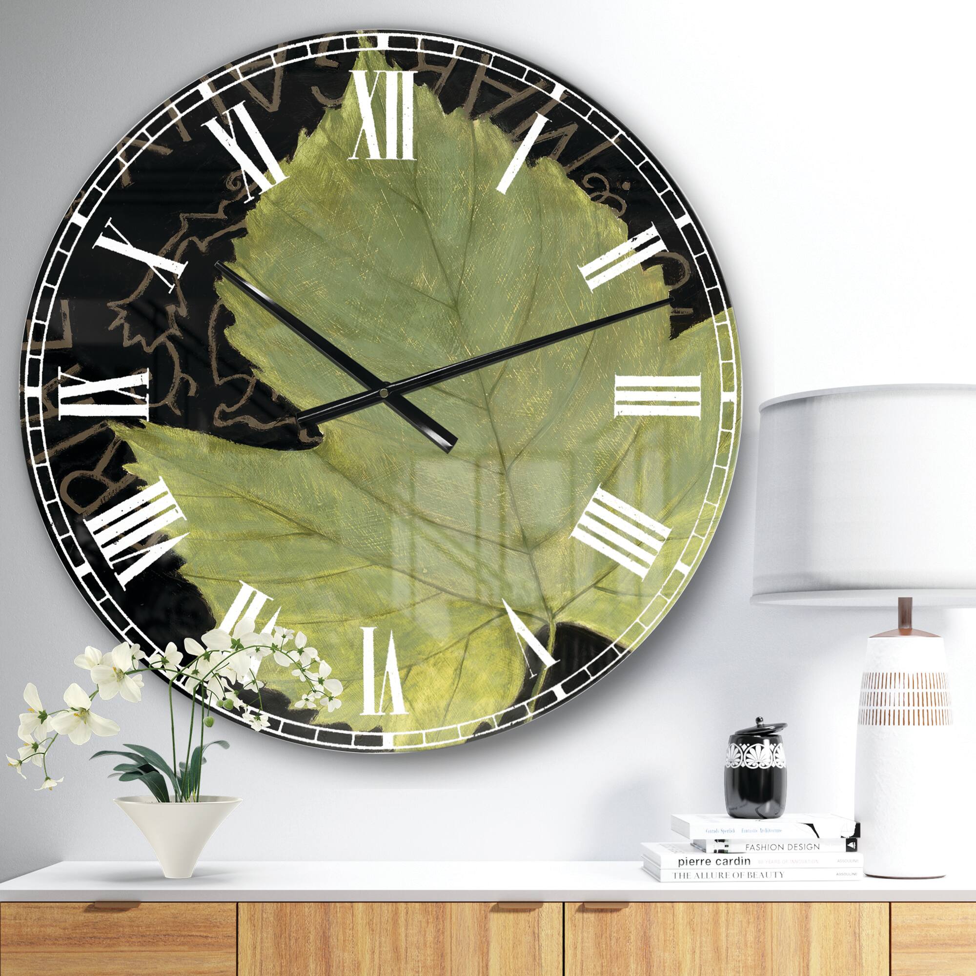 Designart 'Handpainted Green Leaf On Black Traditional Wall Clock