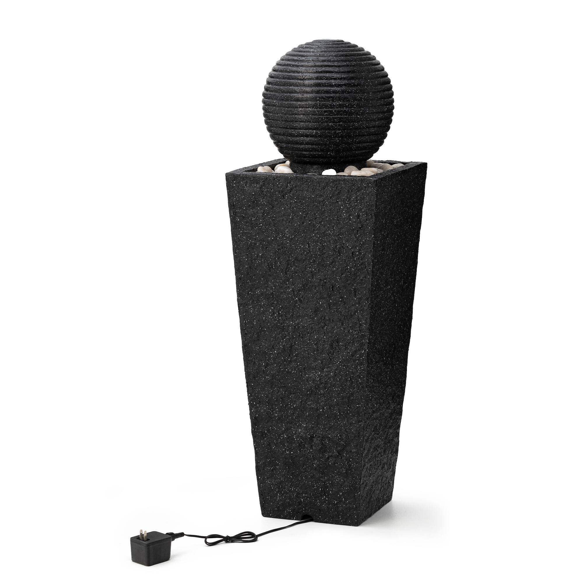 Glitzhome&#xAE; Modern LED Black Geometric Pedestal &#x26; Sphere Outdoor Floor Fountain
