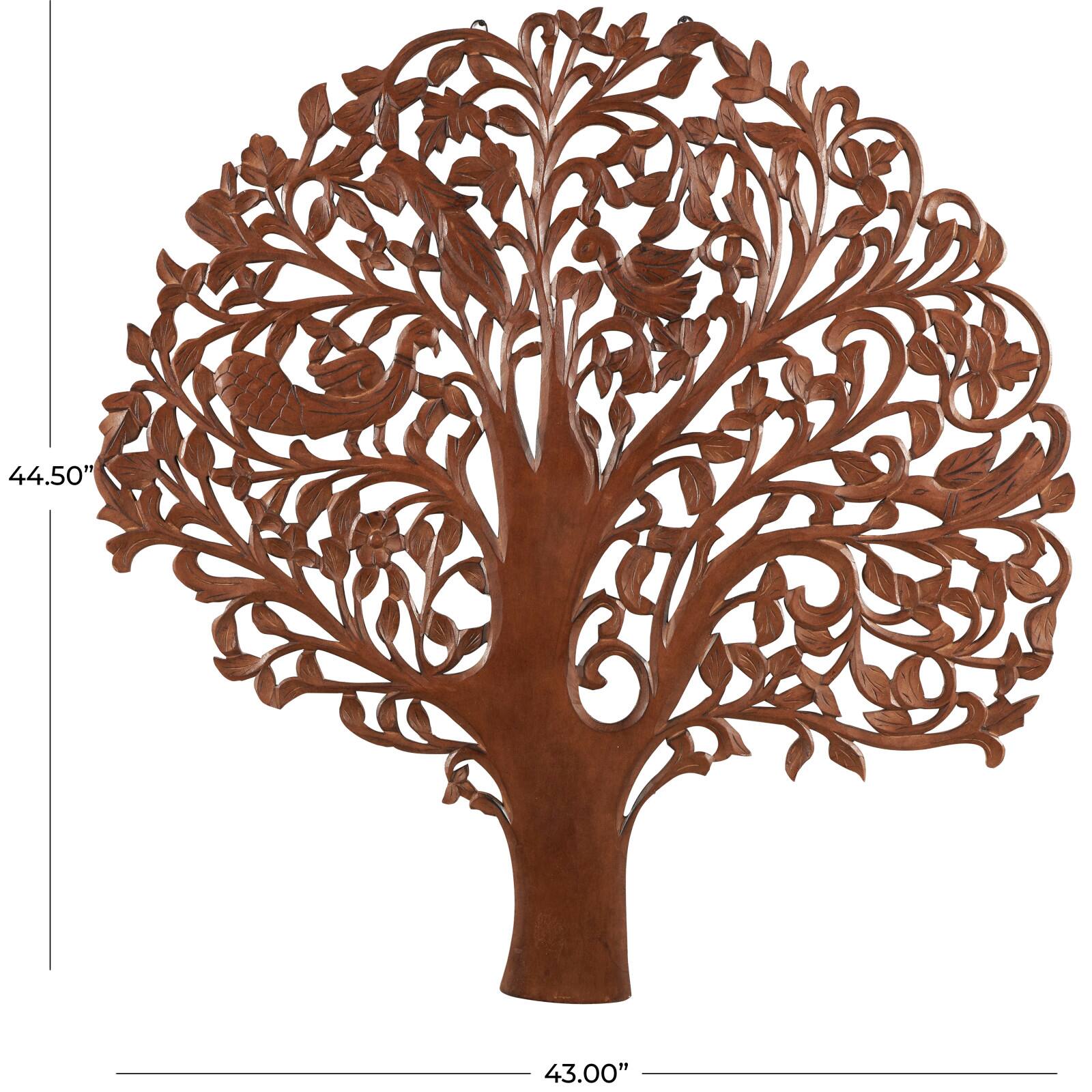 43" x 45" Brown Carved Wooden Tree Wall Décor with Bird Accents