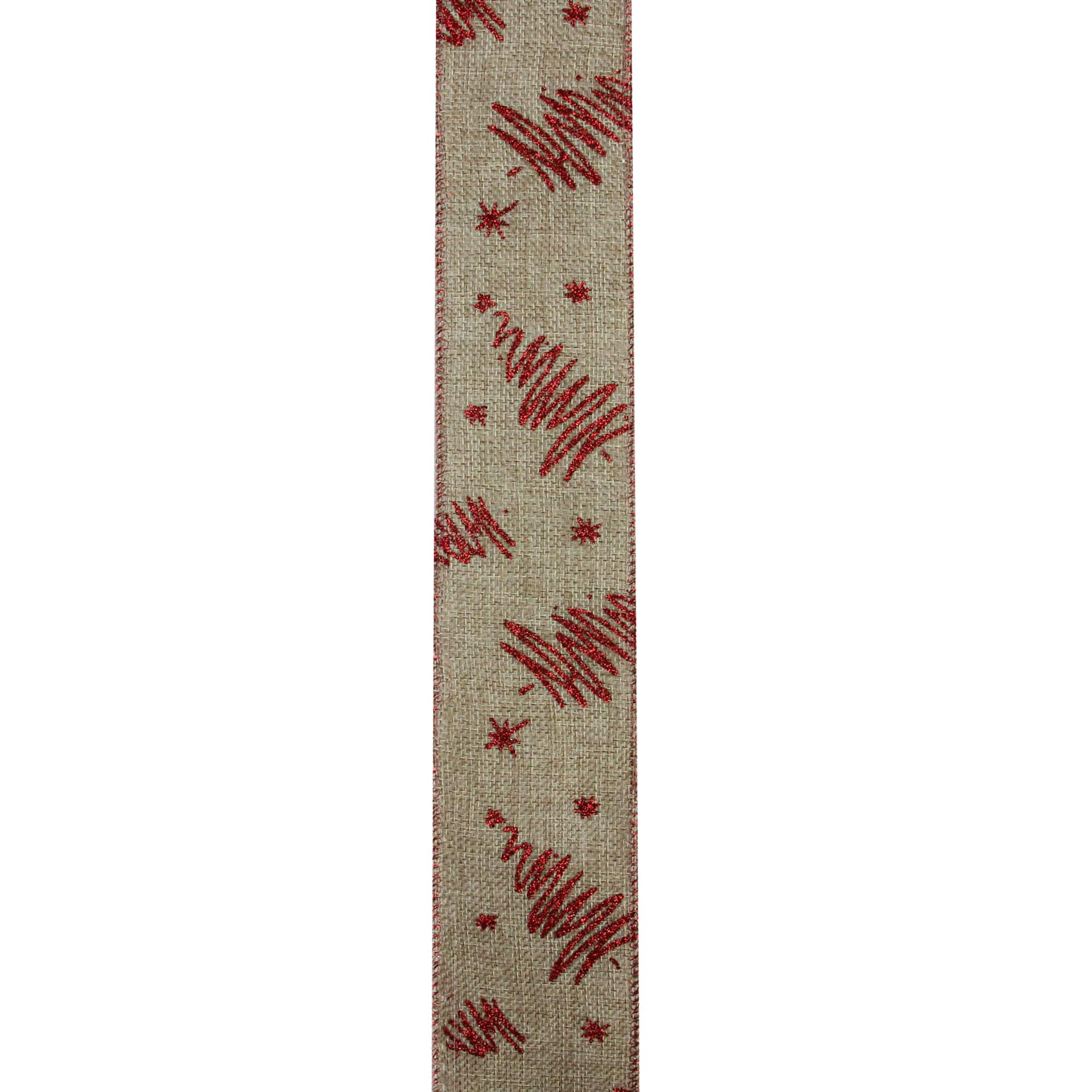 Red and Beige Christmas Tree Wired Craft Ribbon 2.5" x 10 Yards