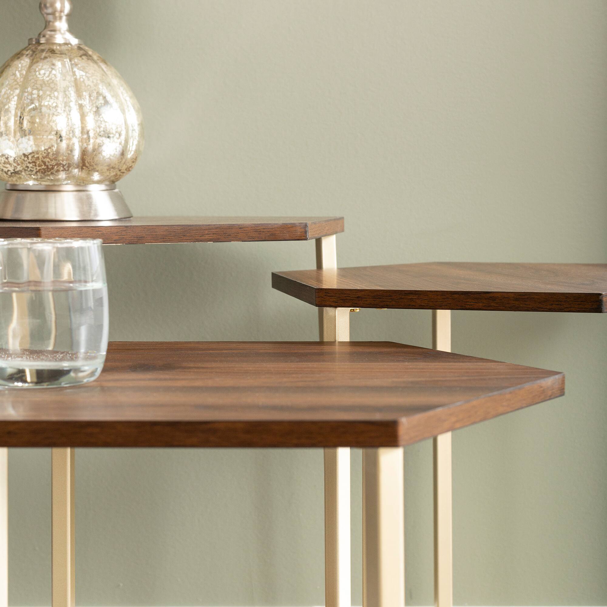 Walker Edison Dark Walnut/Gold Hexagon Modern Nesting Tables Set