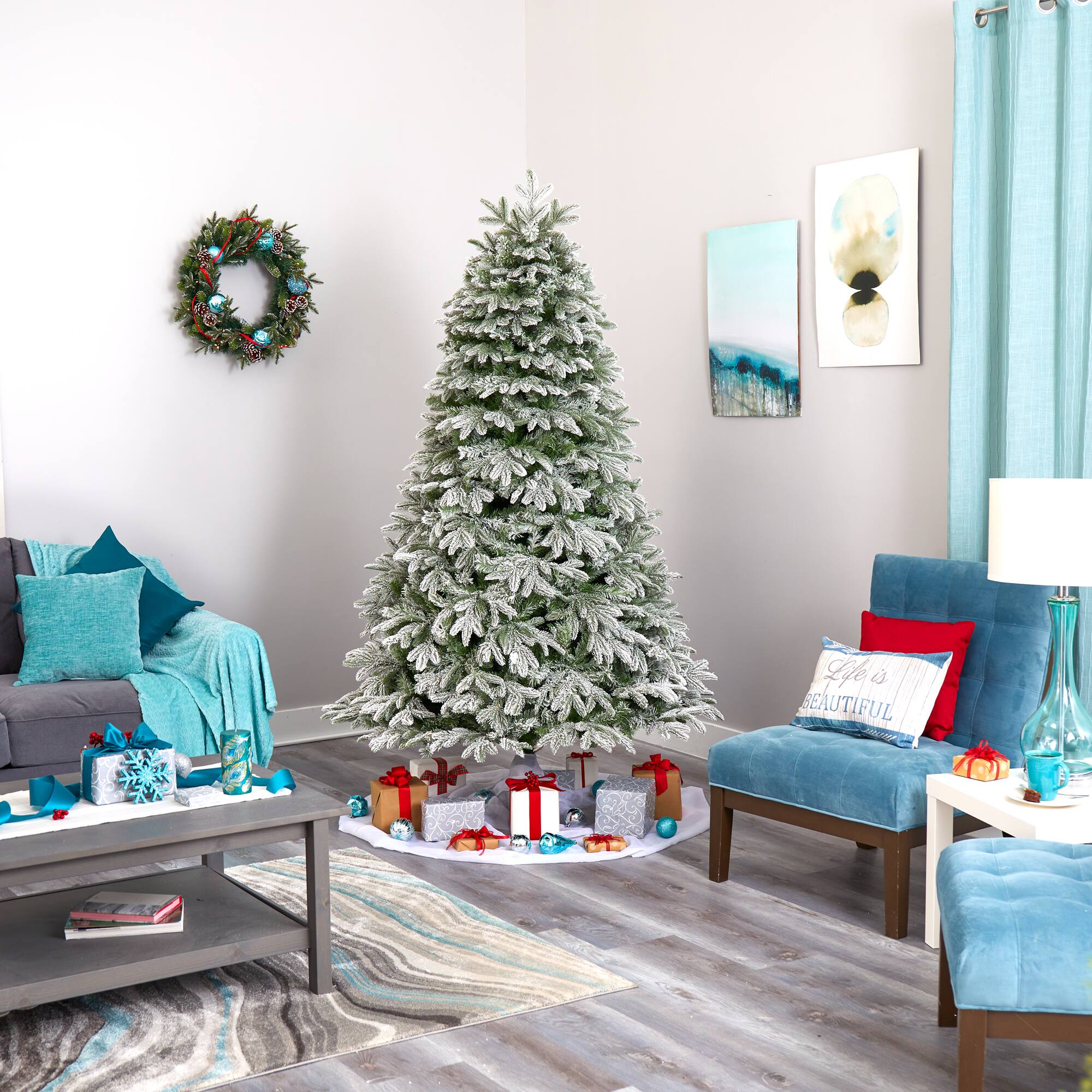 7ft. Pre-Lit Flocked Colorado Mountain Fir Artificial Christmas Tree, Warm White Microdot LED Lights