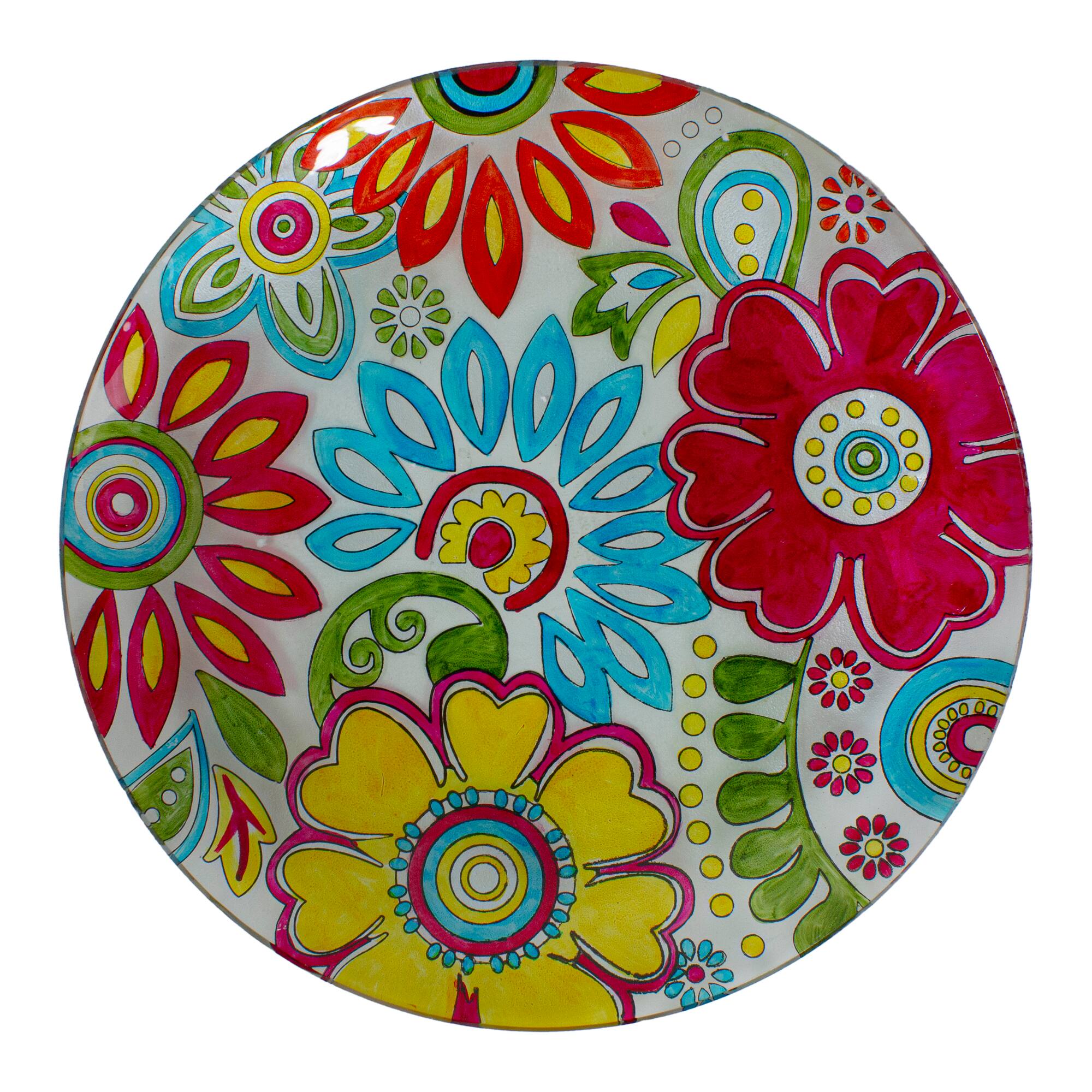 25" Pastel Pink & Blue Flowers Glass Patio Bird Bath