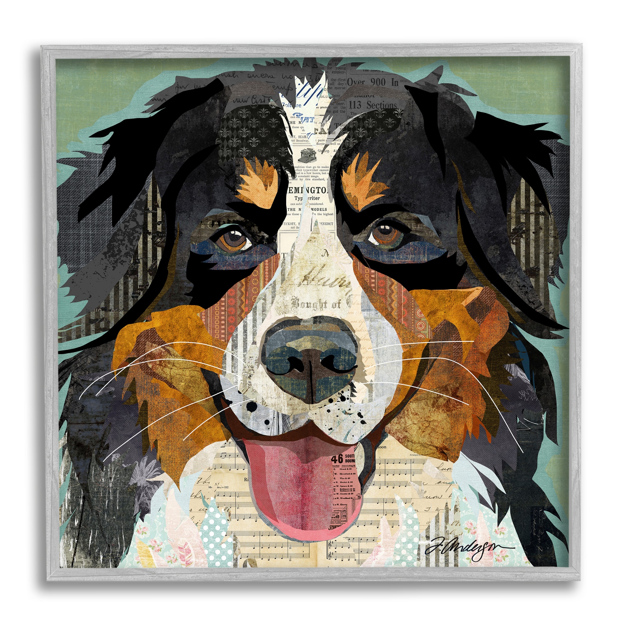 Stupell Industries Bernese Mountain Dog Ephemera Collage Framed Giclee Art