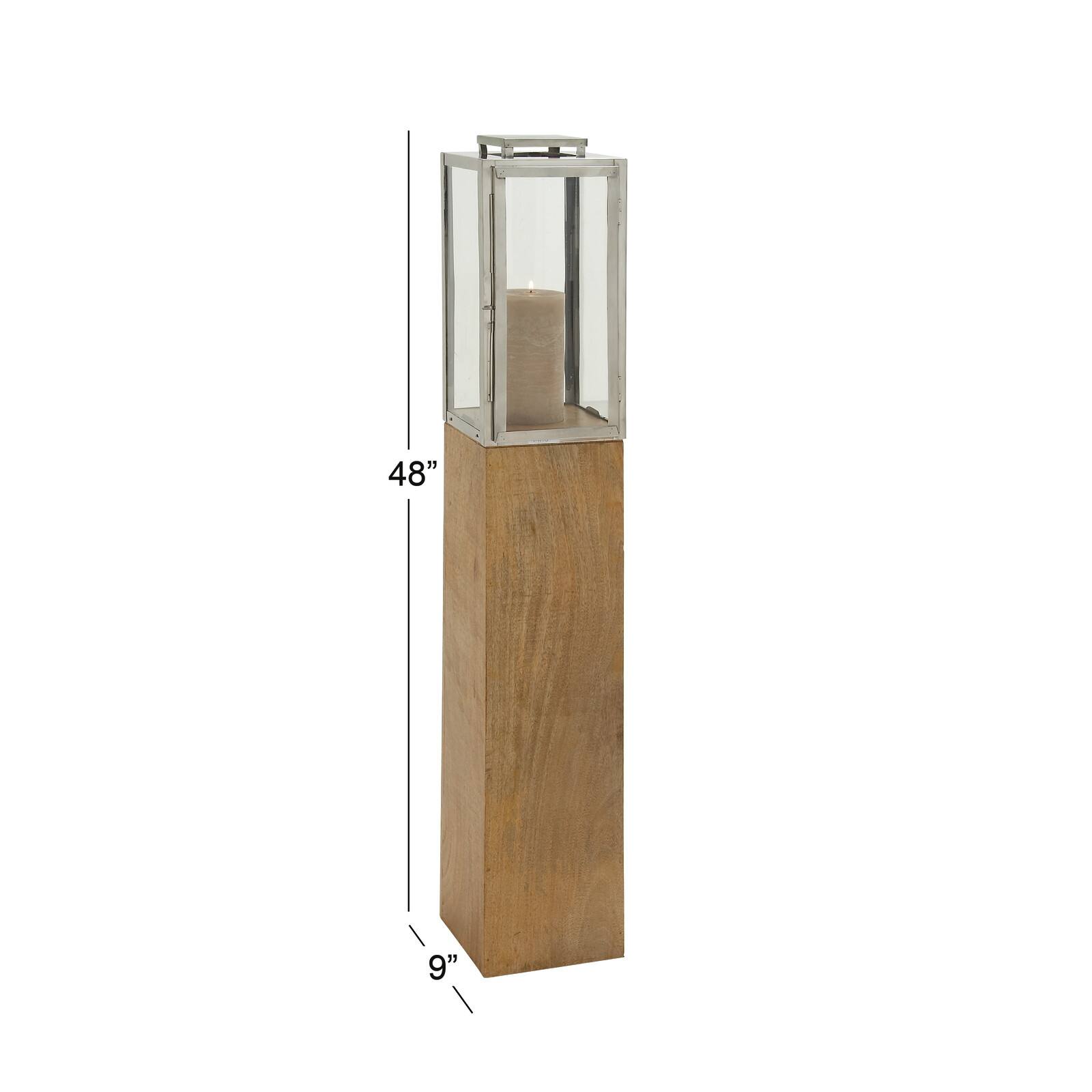 Brown Mango Wood Contemporary Candle Holder Lantern, 48" x 9" x 9"