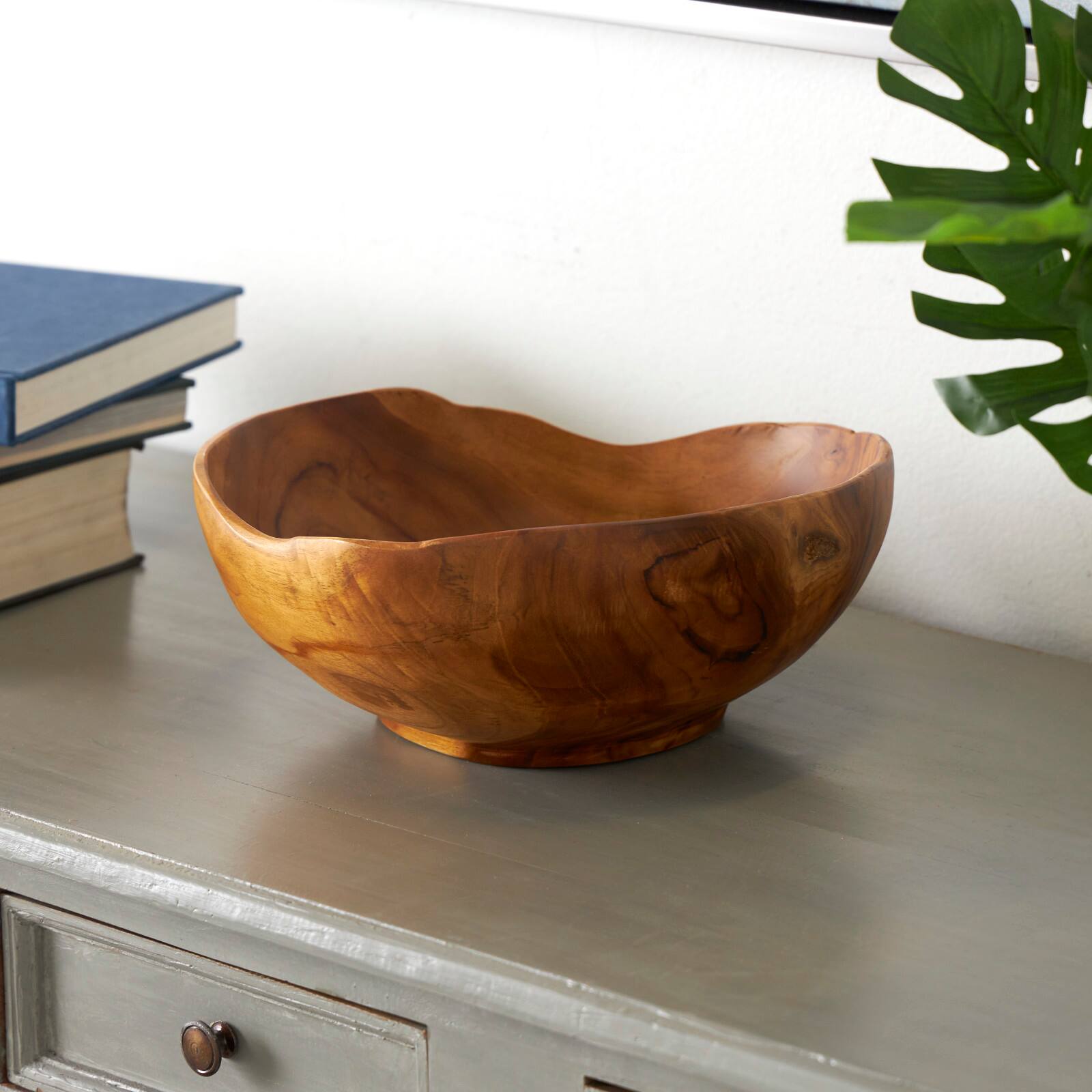 11" Brown Teak Wood Decorative Bowl with Natural Grooves