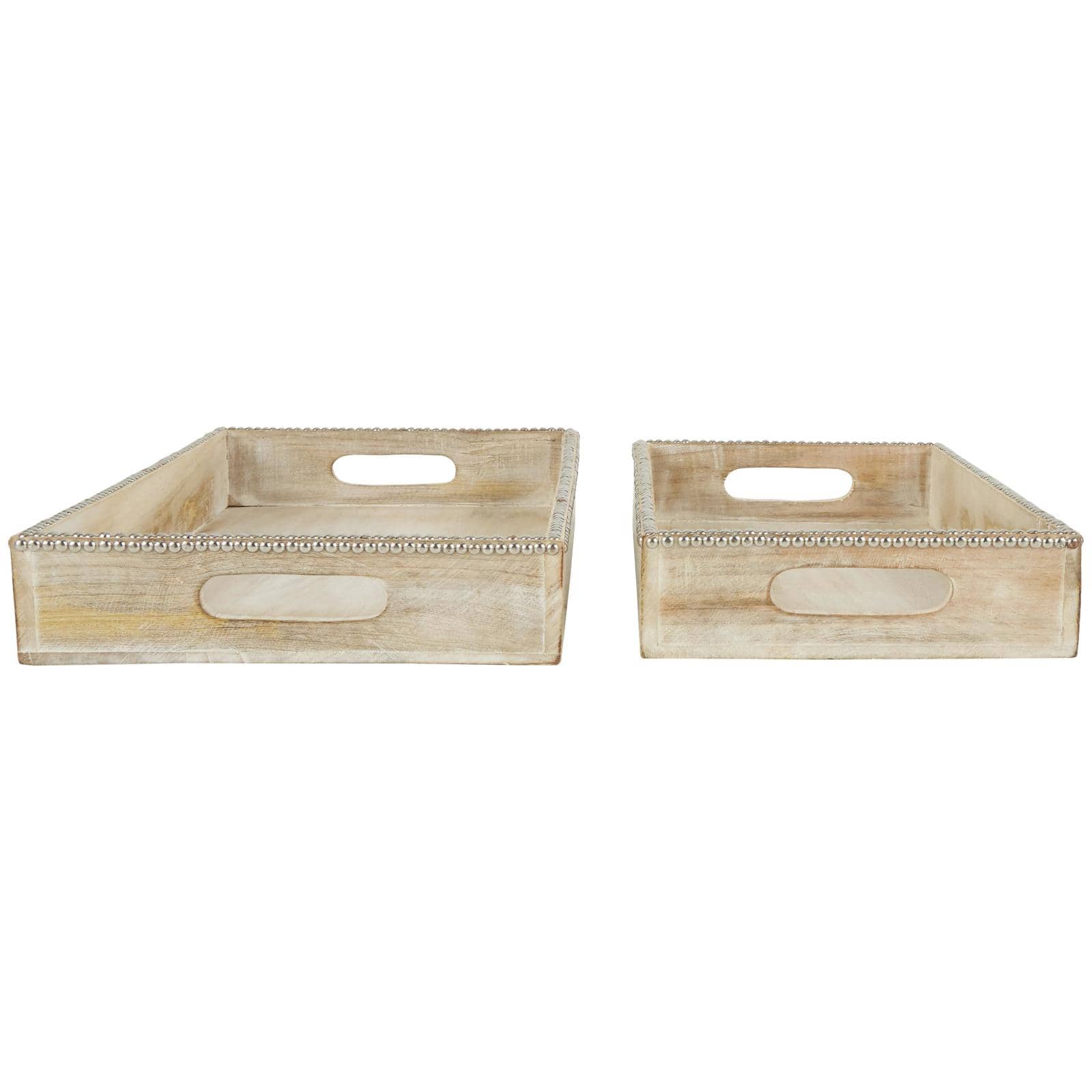 Light Brown Mango Wood Trays with Silver Beaded Rim, 2ct.