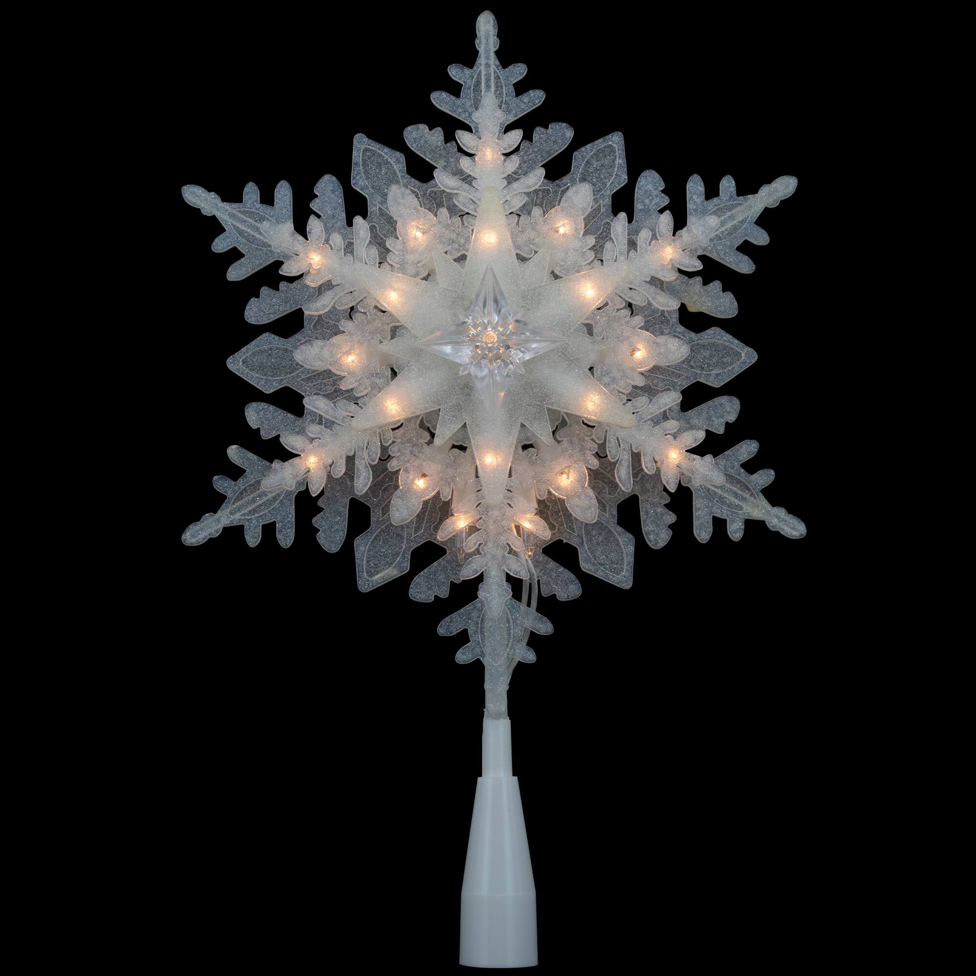 10" Lighted White Frosted Stacked Snowflake Christmas Tree Topper, Clear Lights