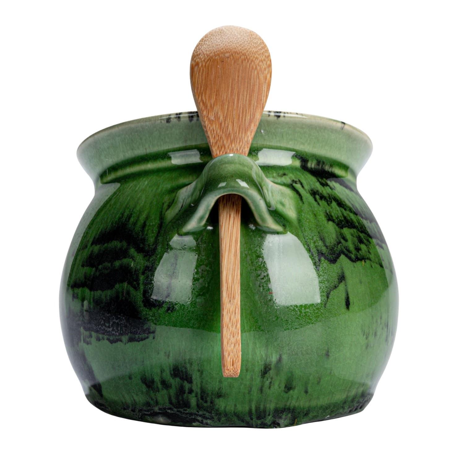 4&#x22; Green Stoneware Salt Dish with Acacia Wood Spoon