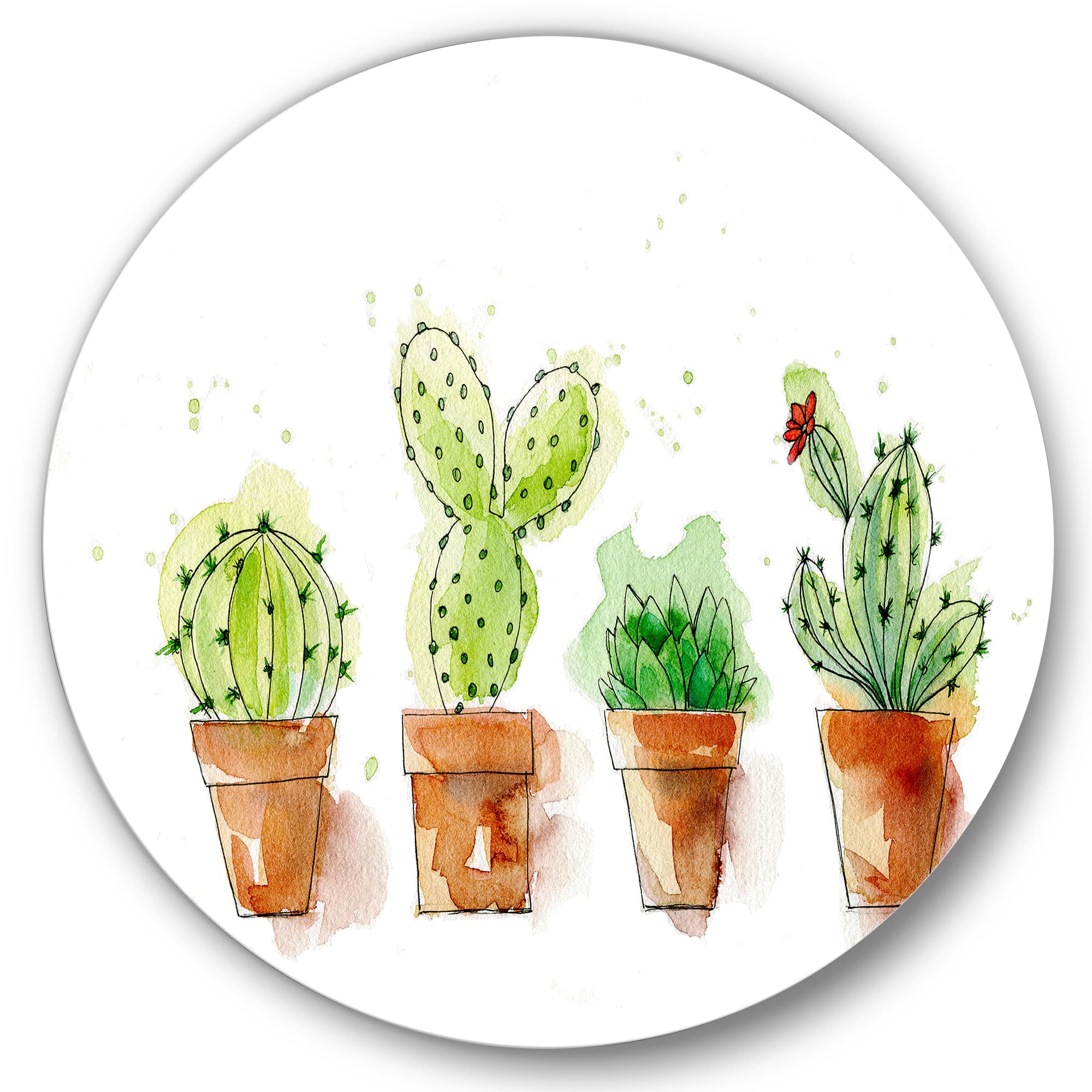 Designart - Cacti In Ceramic Pots In Gentle Tones I - Traditional Metal Circle Wall Art