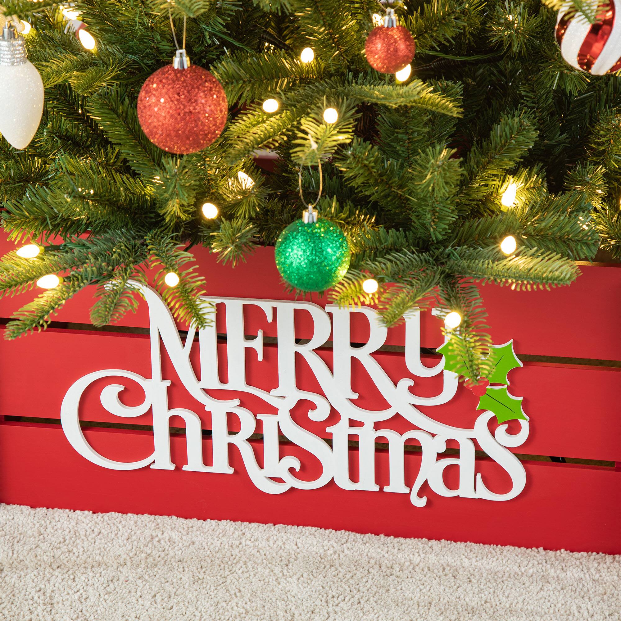 Glitzhome&#xAE; Red Merry Christmas Crate Tree Collar