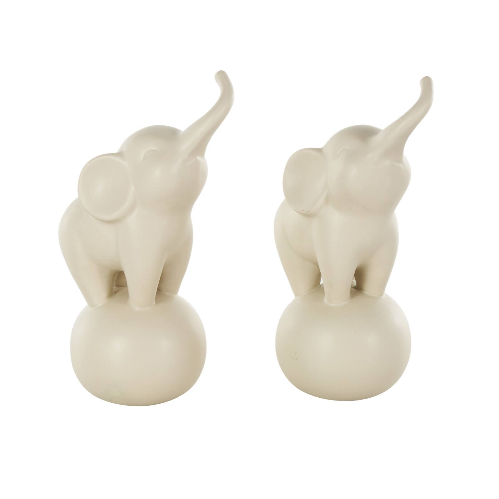 10.5" White Ceramic Elephant Trumpeting Decorative Sculpture with Round Base Set