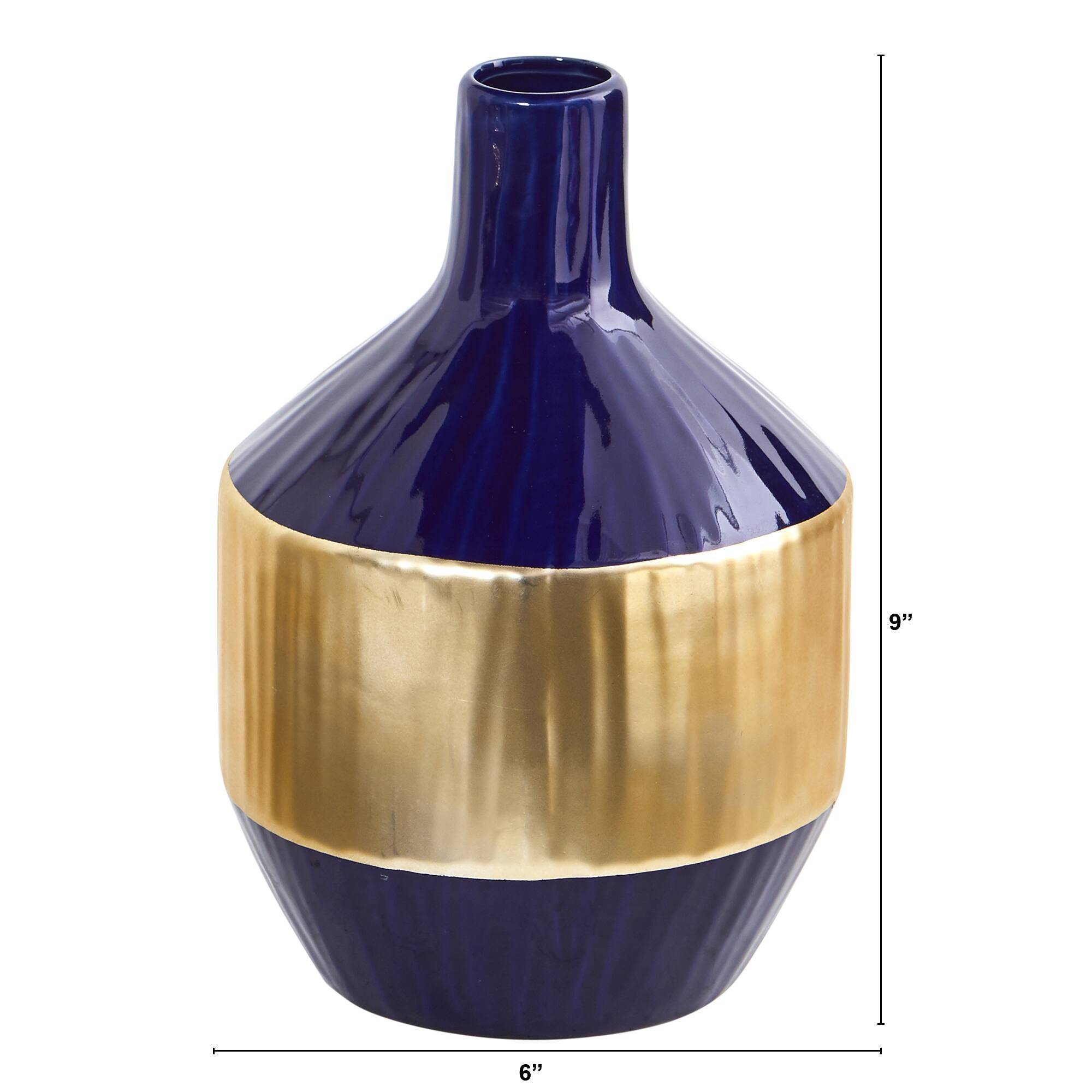 9&#x22; Lux Blue Ceramic Vase with Gold Band