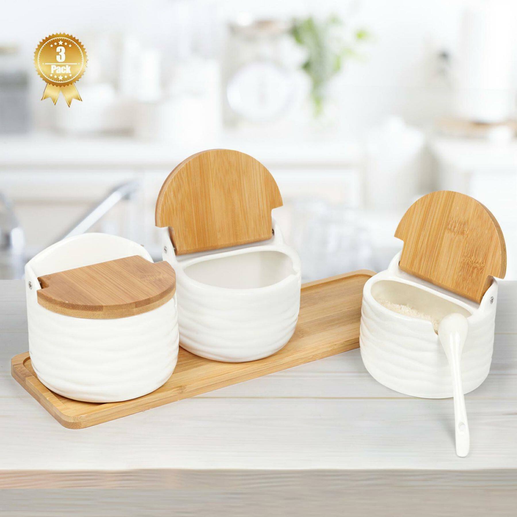 NEX&#x2122; White Ceramic Sugar Bowl Set with Bamboo Lids &#x26; Spoon