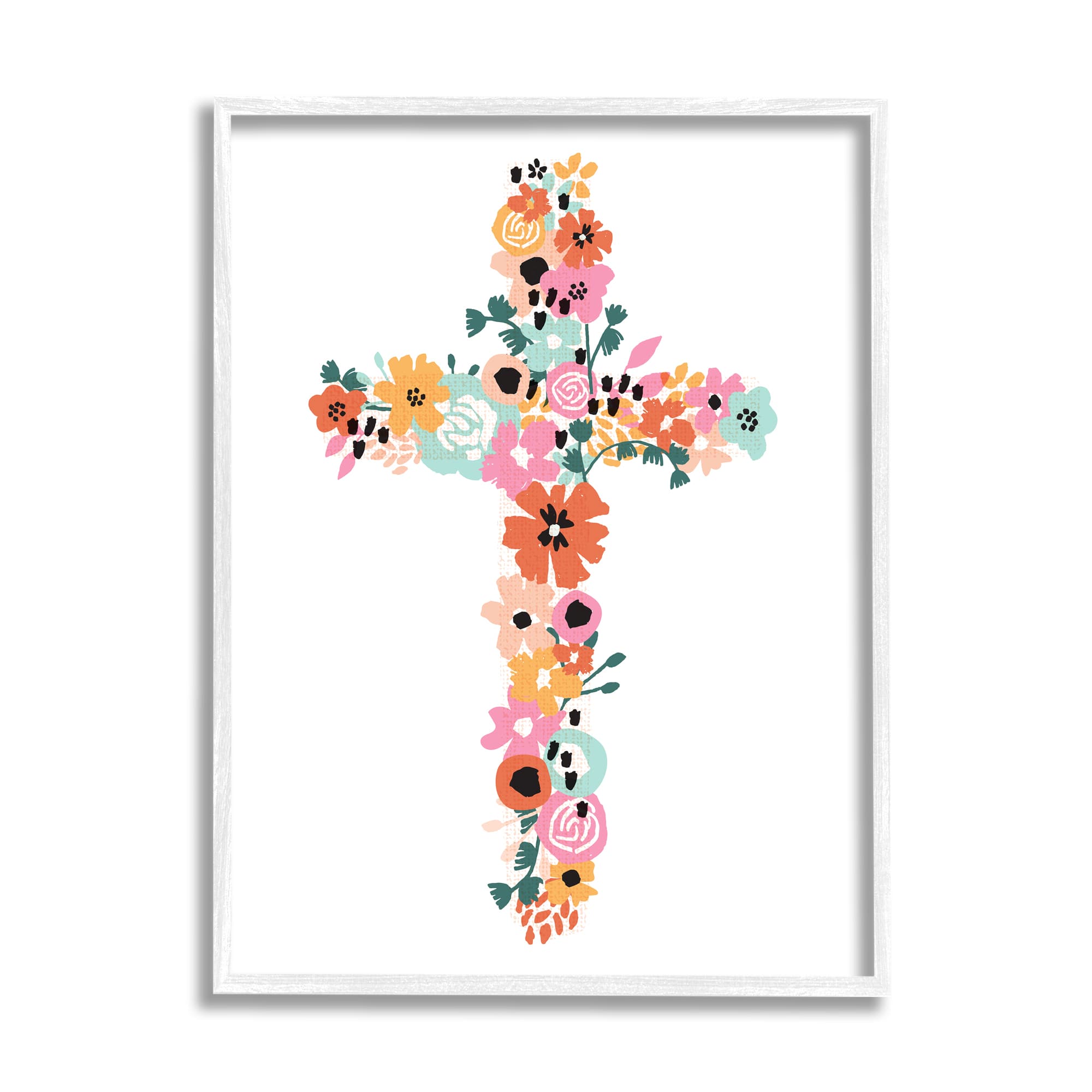 Stupell Industries Bold Flowers Cross Symbol Floral Arrangement Design Framed Giclee Art