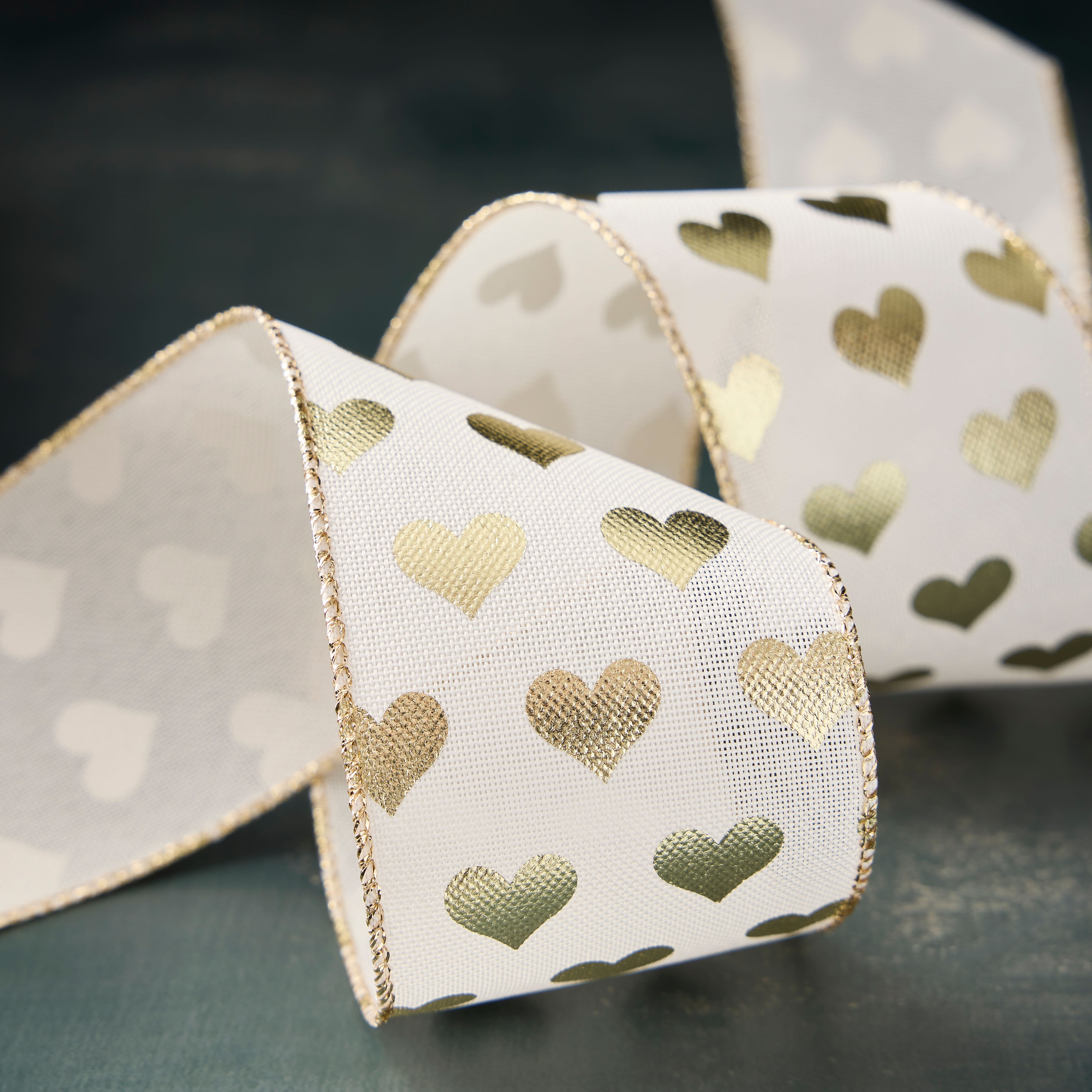 2.5&#x22; x 3yd. Gold Heart Wired Edge Ribbon by Celebrate It&#x2122;